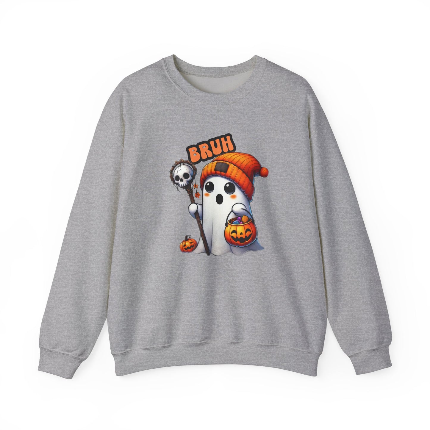 Halloween| Cute Halloween Sweatshirt with 'Bruh' Ghost in Orange Beanie – Perfect for a Playful Fall Look!