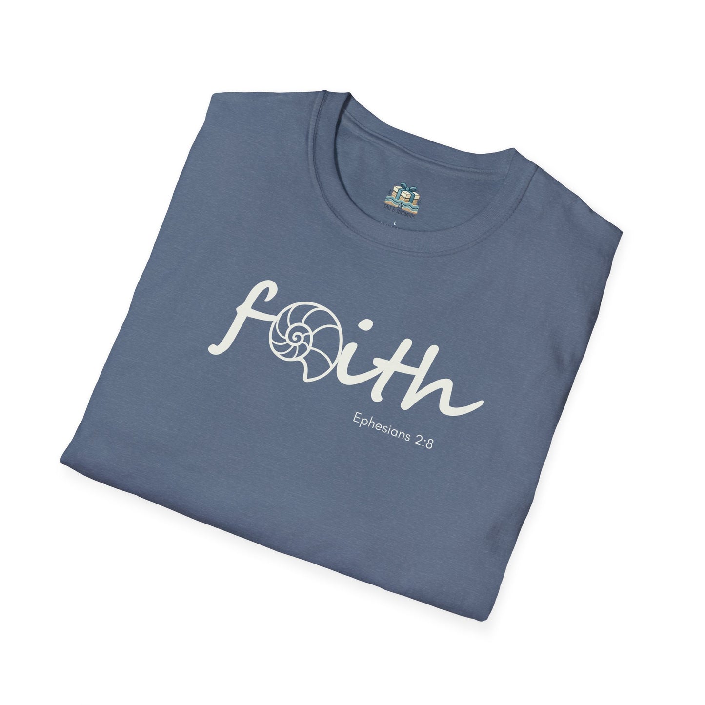 Folded blue t-shirt with 'Faith' text on a white background