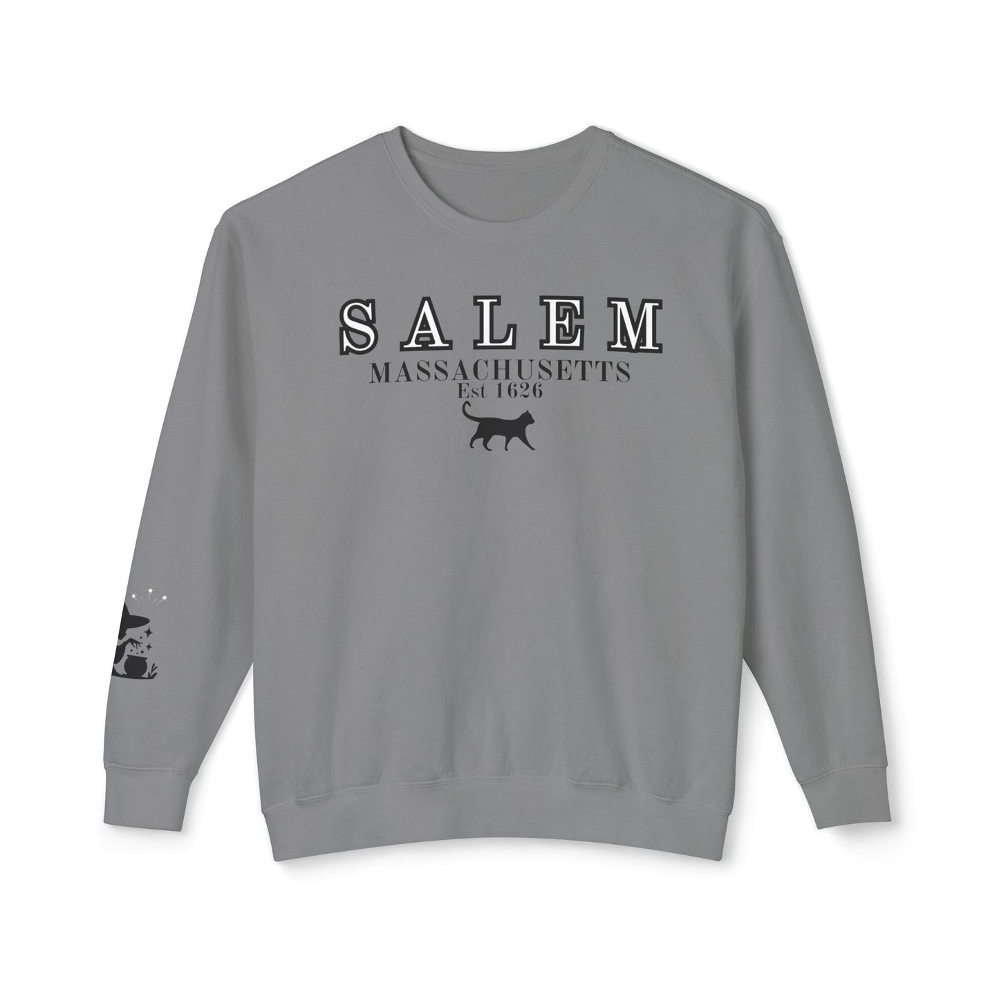 Salem, Massachusetts Est. 1629 Halloween Sweatshirt - Custom Design with Witch & Black Cat