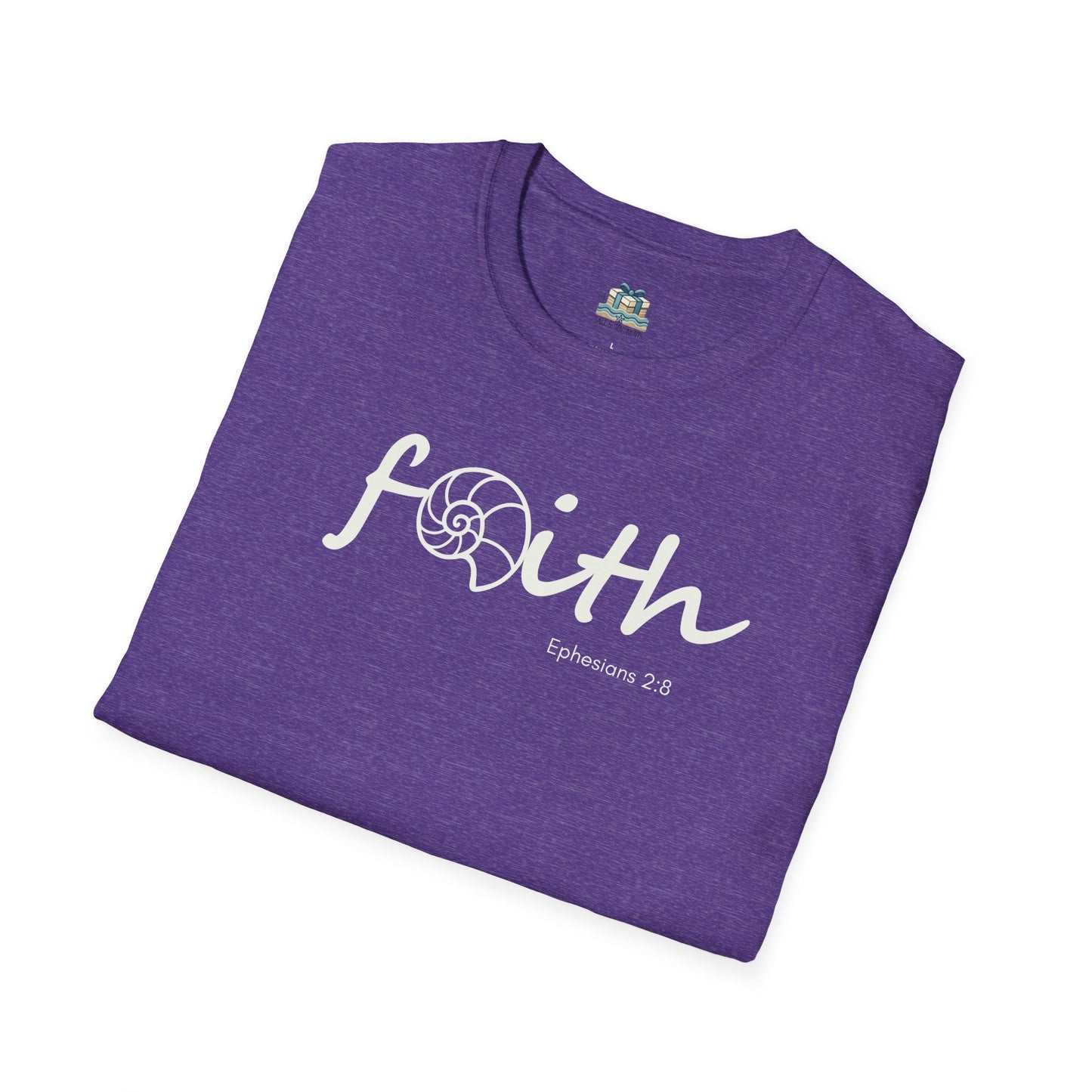 Purple t-shirt with 'Faith' and 'Ephesians 2:8' text on a white background