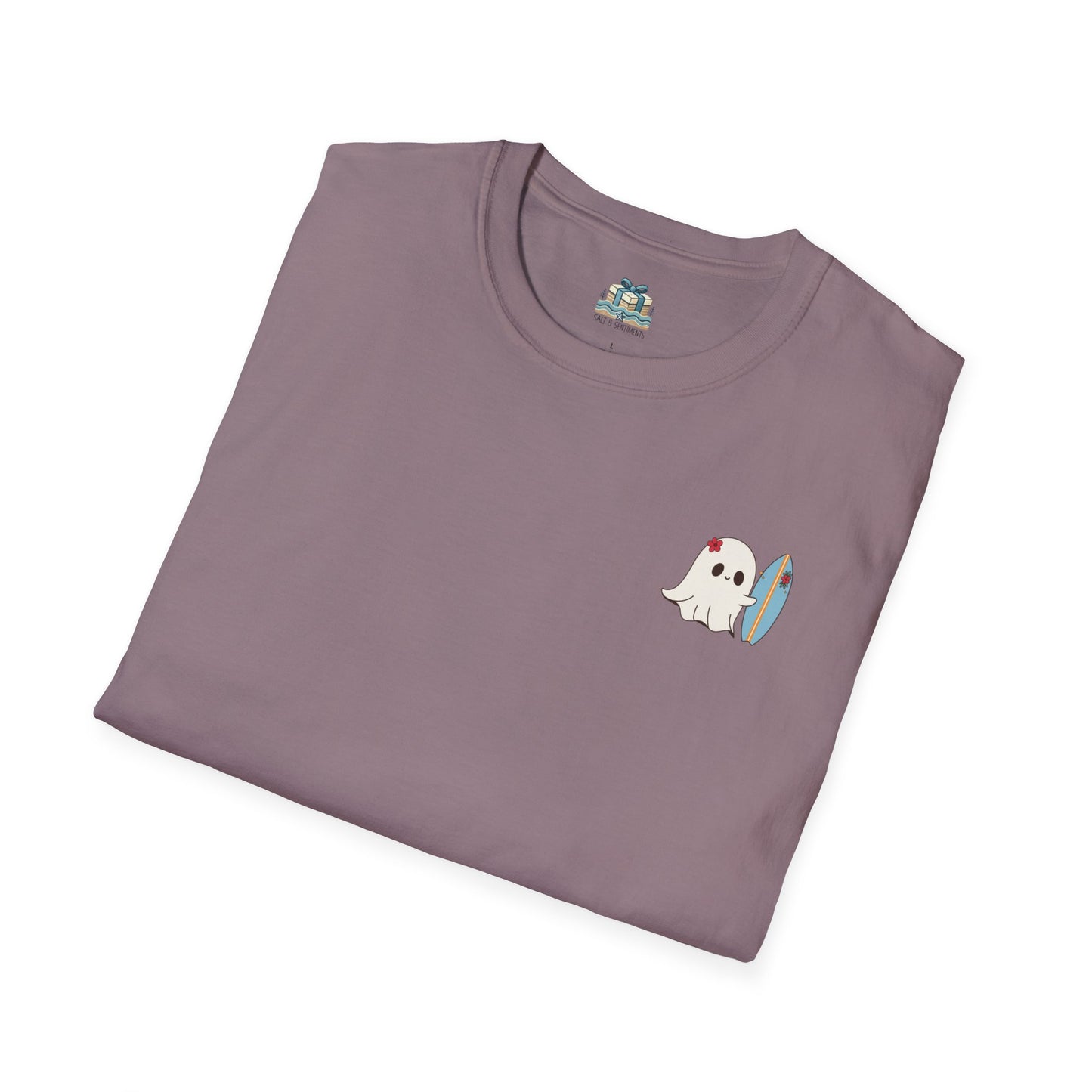 Folded purple t-shirt with a ghost holding a corn on the cob graphic on a white background