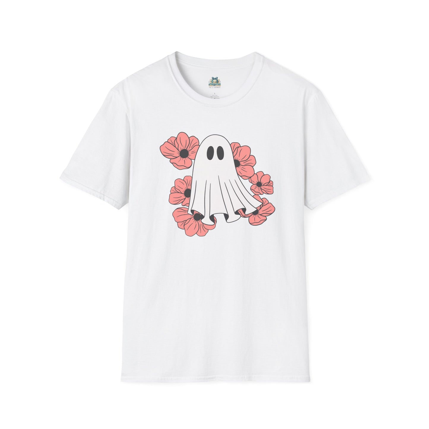 White t-shirt with a ghost and flower design on a white background