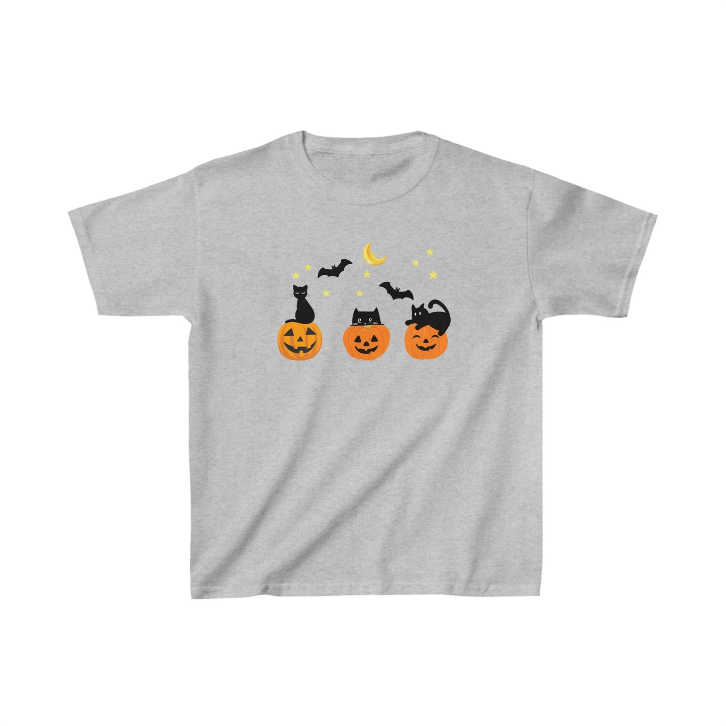 A kids' pink T-shirt with a graphic print of three smiling pumpkins and black cats against a night sky.