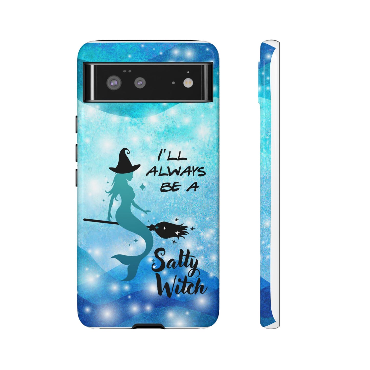 Protect your Google Pixel 7 with this Salty Witch Mermaid case. Dual layer, glossy finish, wireless charging ready. Fits many Pixel models.