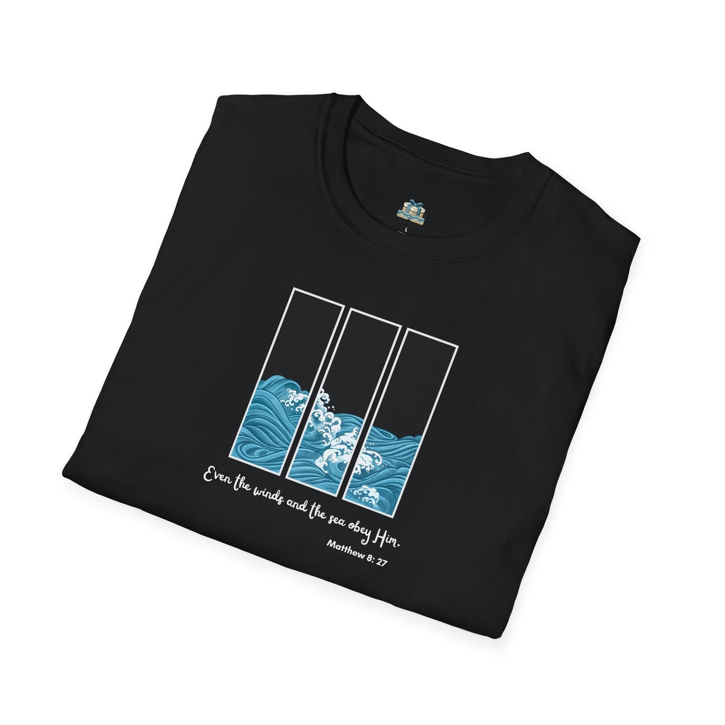 Black t-shirt with wave design and text on a white background