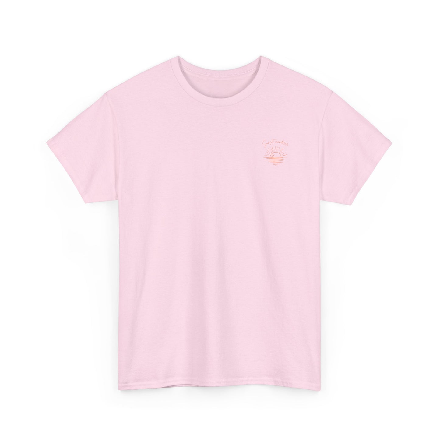 Sunset Wanderer Tee – Soft Pink Boho Beach Graphic Shirt