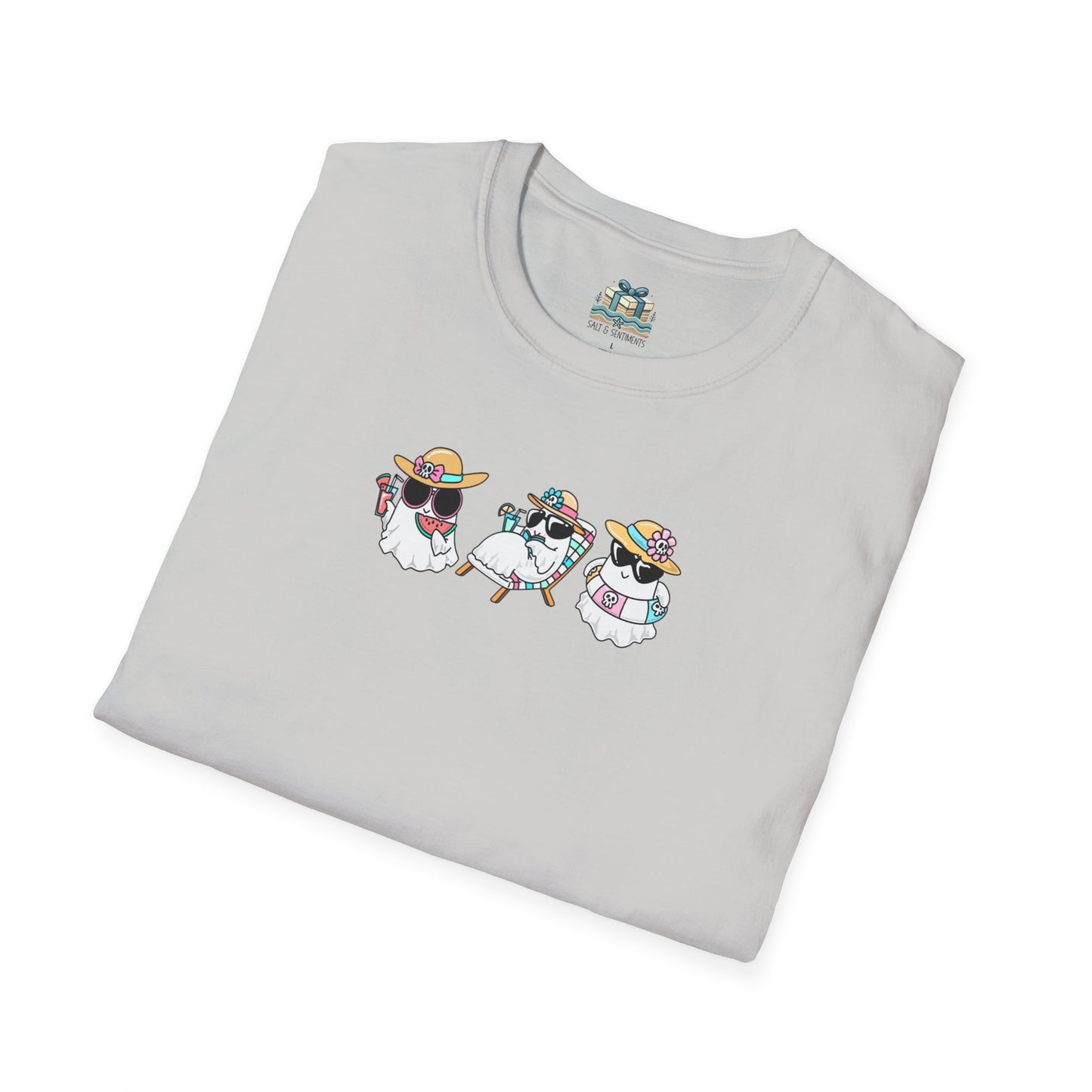 Folded gray t-shirt with cartoon dog design on a white background
