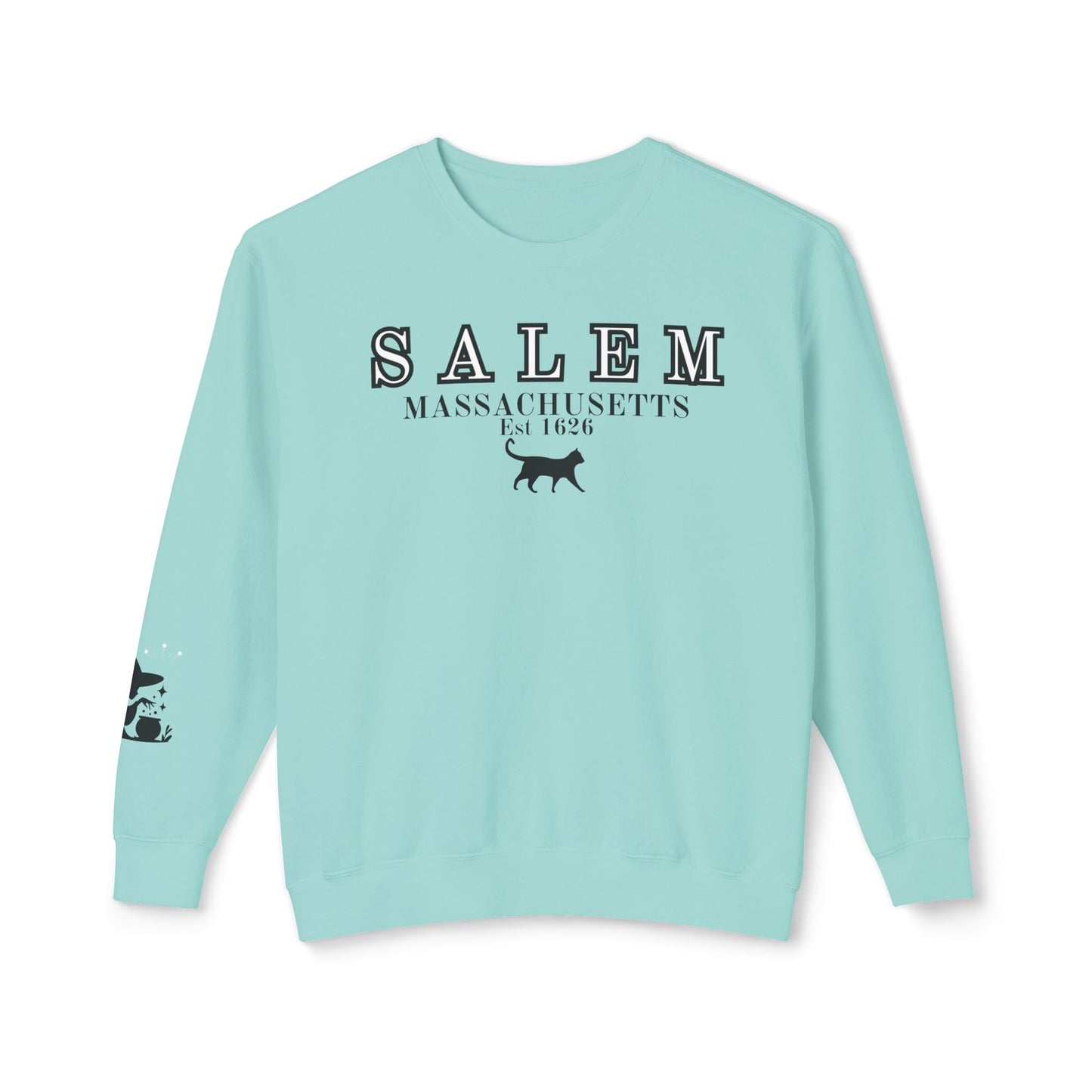 Salem, Massachusetts Est. 1629 Halloween Sweatshirt - Custom Design with Witch & Black Cat