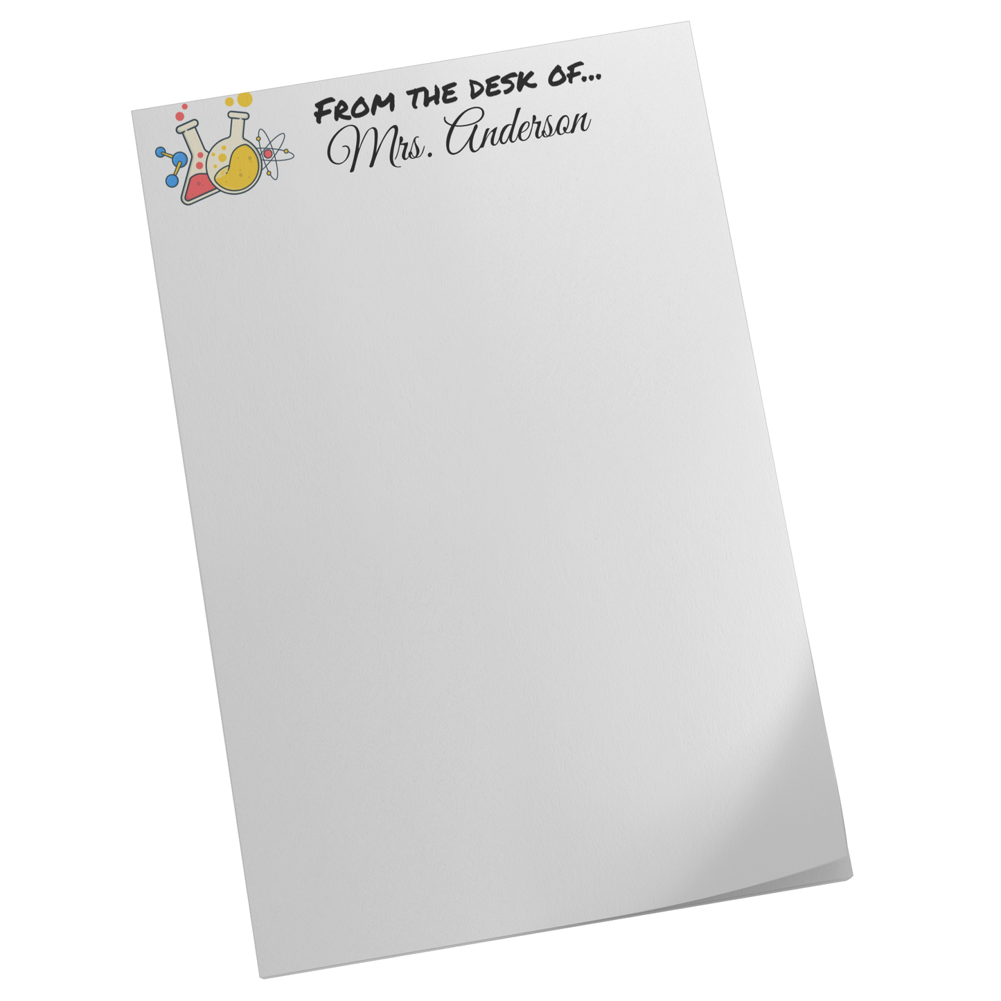Notepad with teacher’s name next to a stack of books
