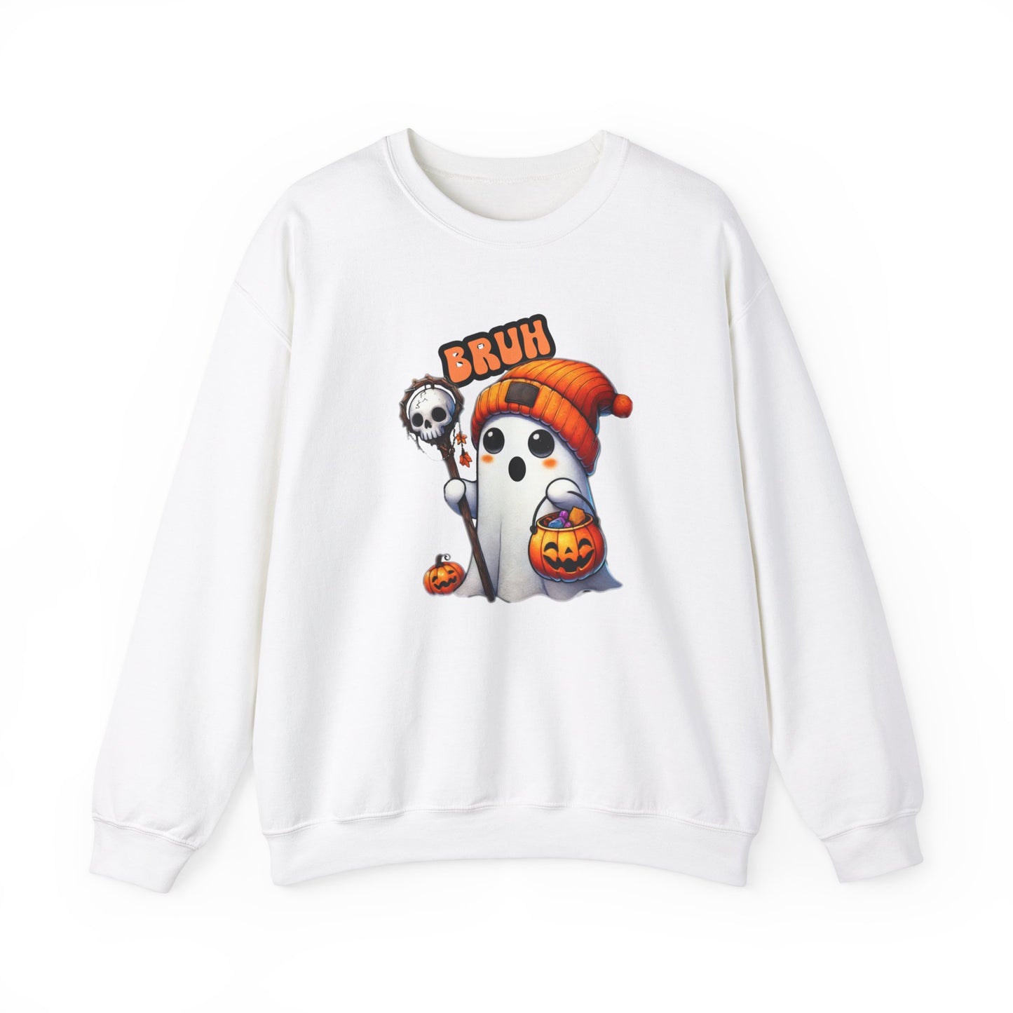 Halloween| Cute Halloween Sweatshirt with 'Bruh' Ghost in Orange Beanie – Perfect for a Playful Fall Look!