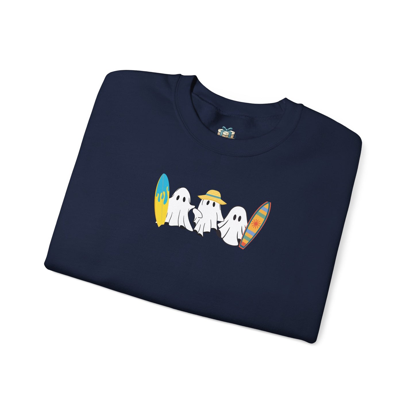 Folded navy blue t-shirt with ghost graphic and surfboards on a white background