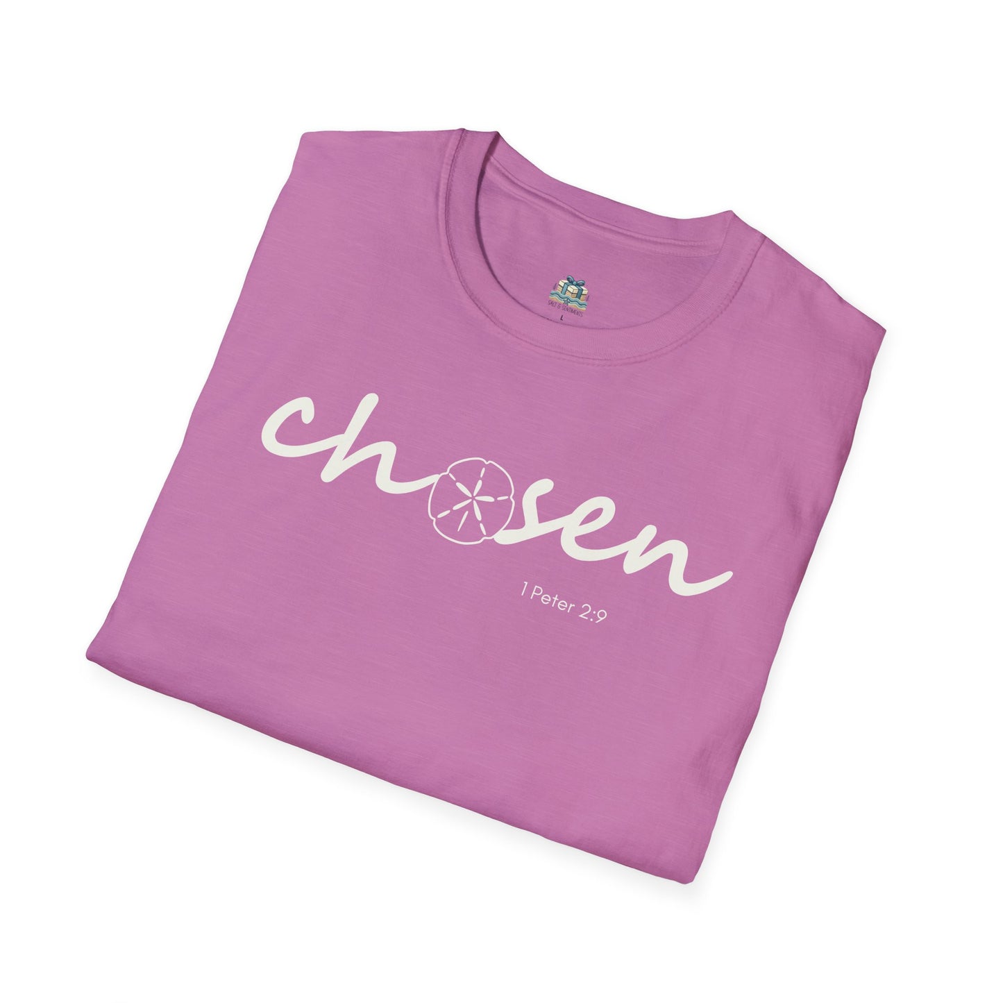 Folded purple t-shirt with 'chosen' text on a white background