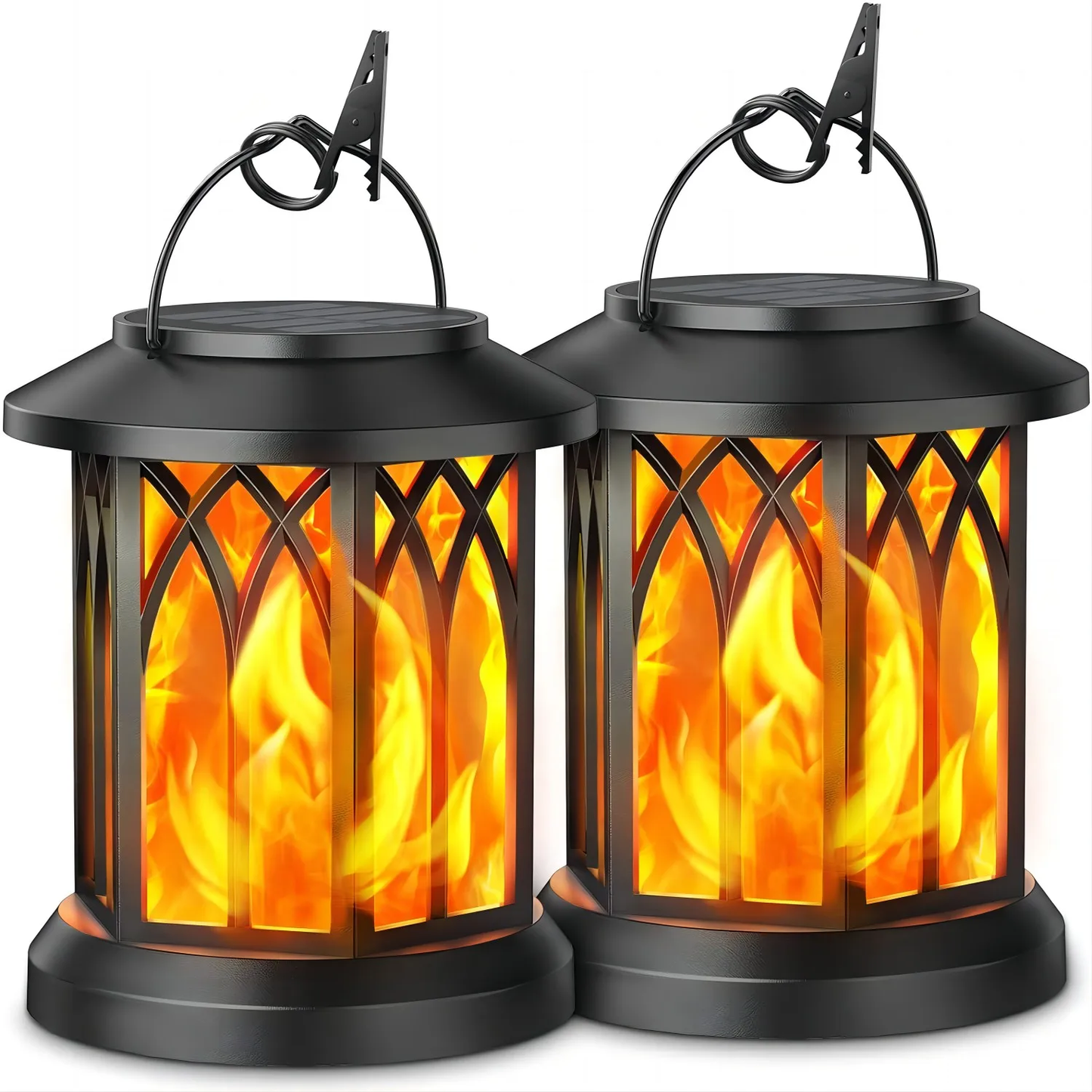 Two black lanterns with flame-like design on a white background