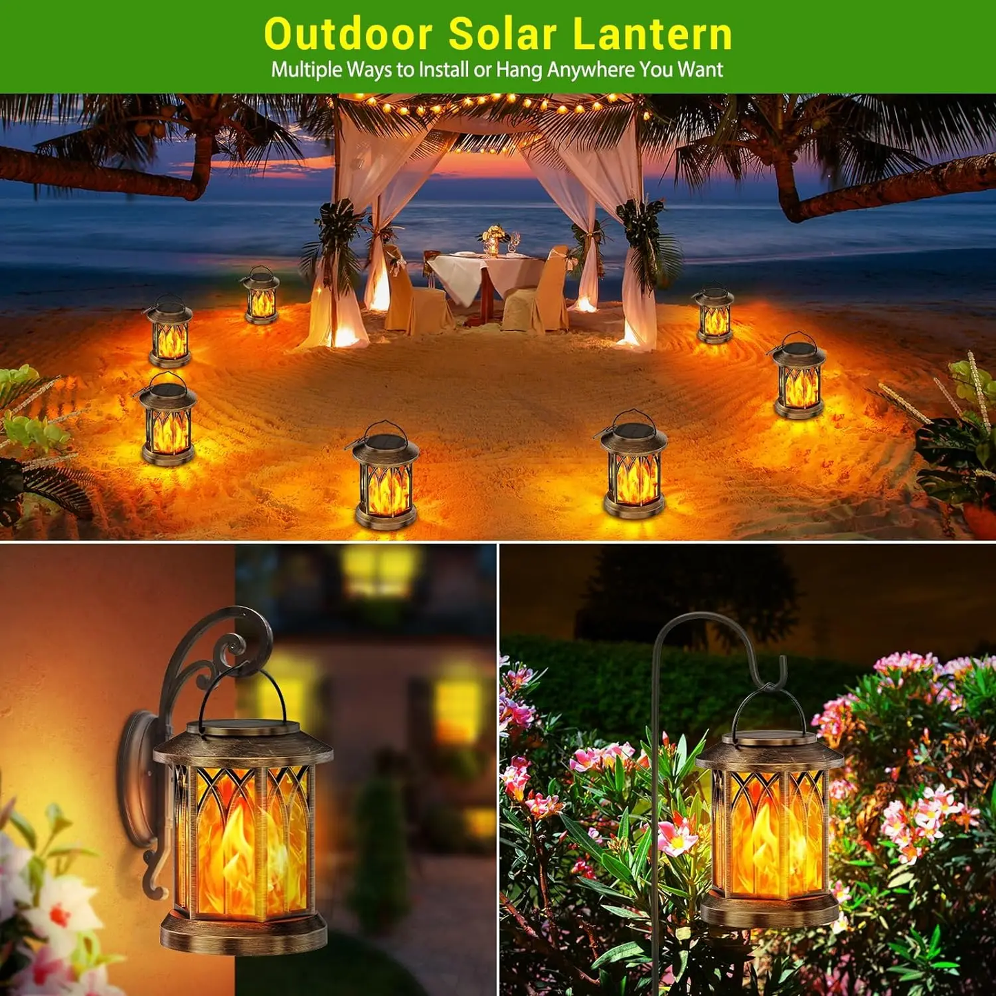 Outdoor solar lanterns with a beach setting and close-up shots.
