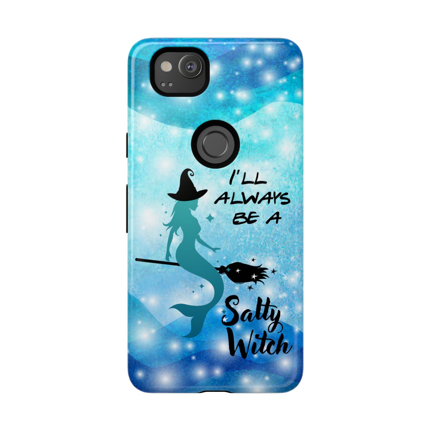 Protect your Google Pixel 4a with this Salty Witch Mermaid case. Dual layer, glossy finish, wireless charging ready. Fits many Pixel models.