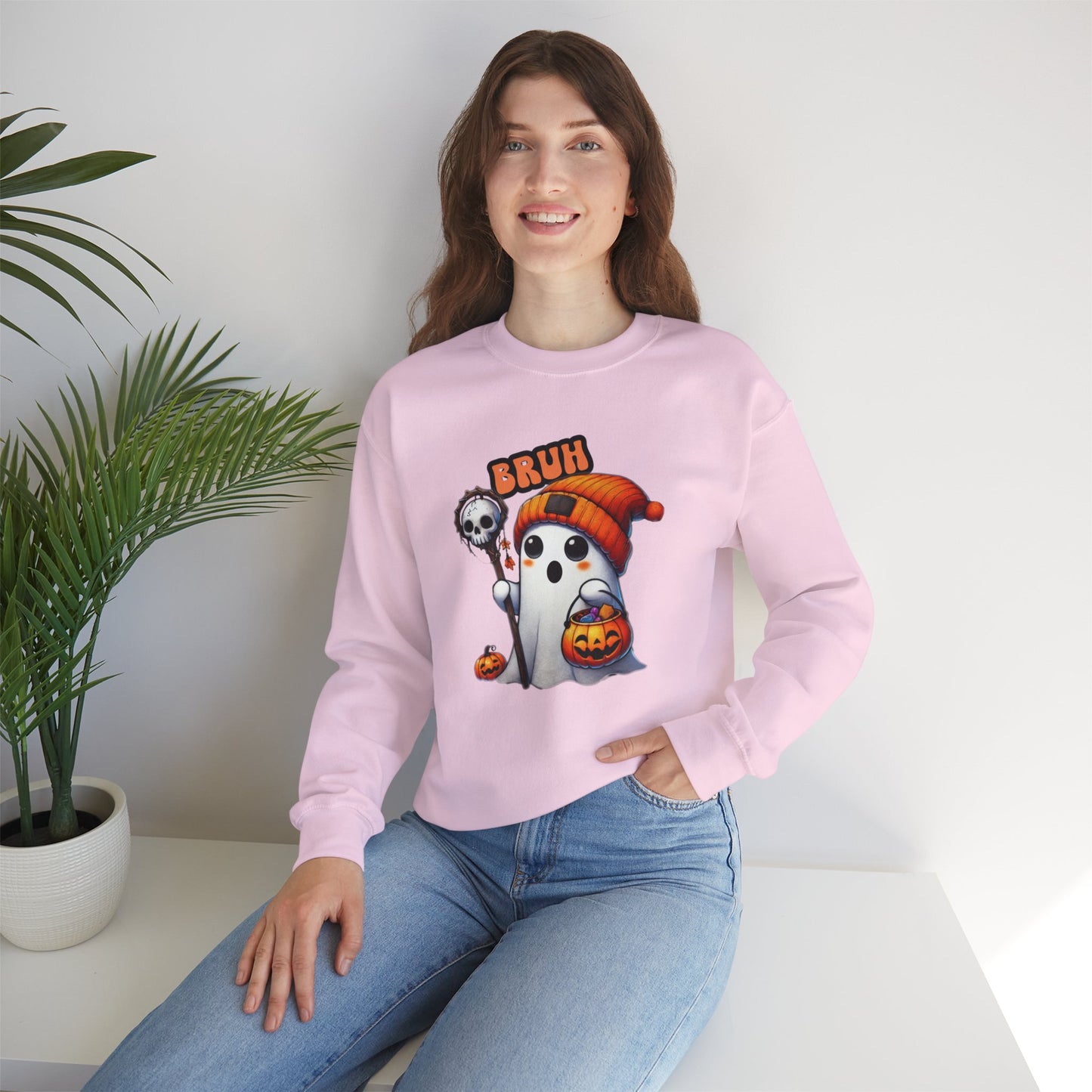 Halloween| Cute Halloween Sweatshirt with 'Bruh' Ghost in Orange Beanie – Perfect for a Playful Fall Look!