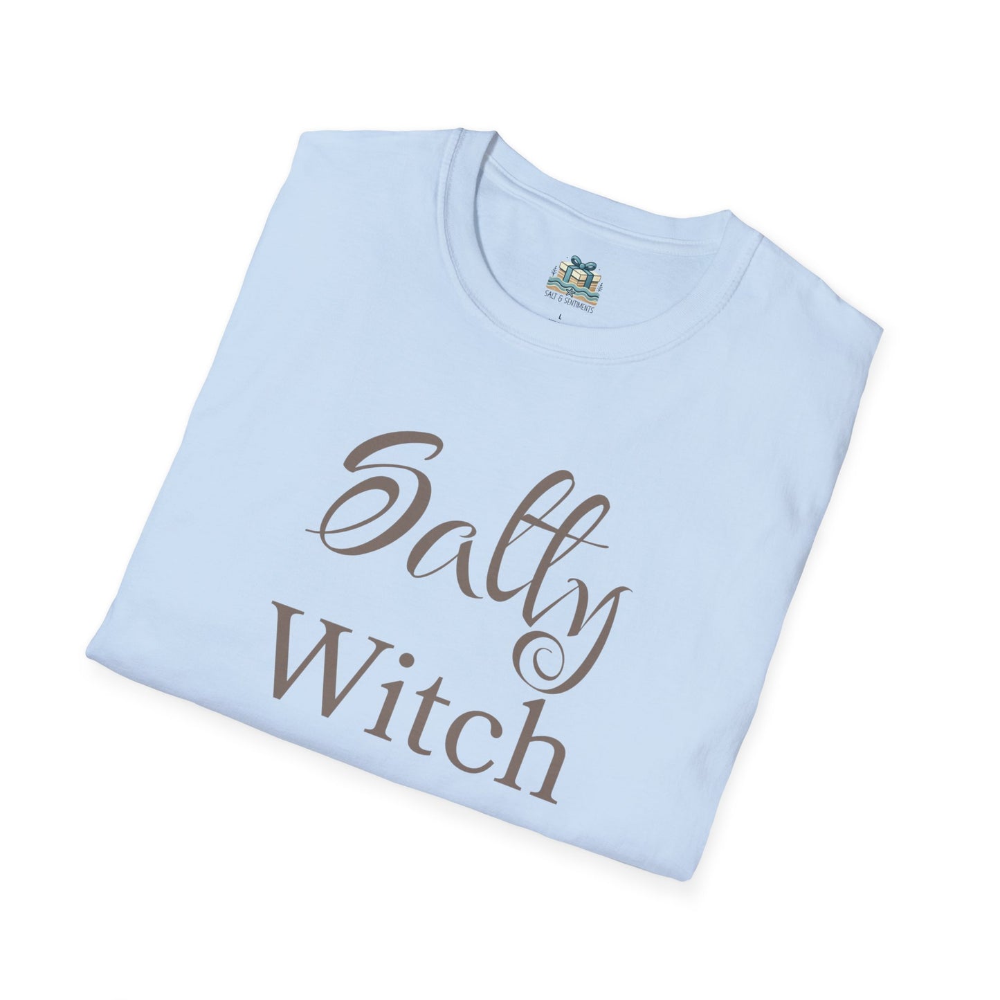 Light blue t-shirt with 'Salty Witch' text on a white background