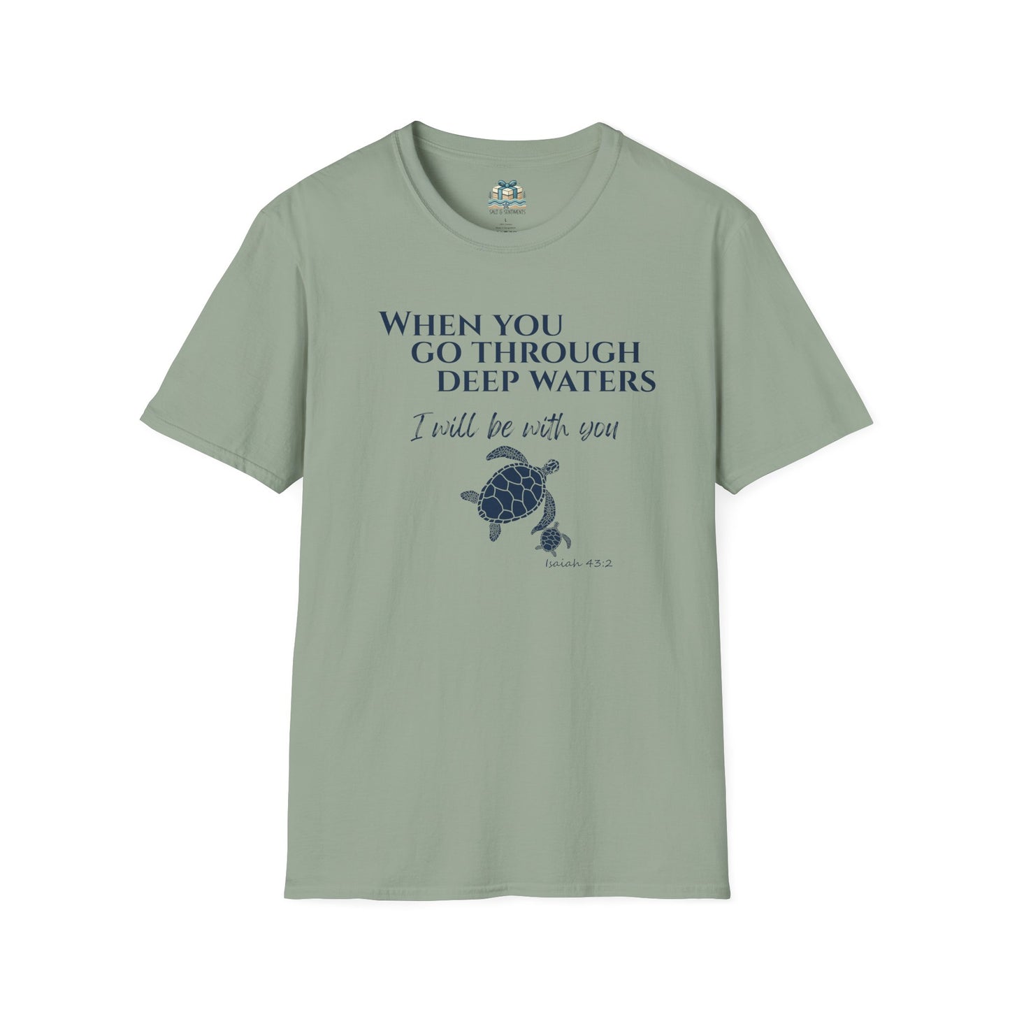 Sage green t-shirt with turtle graphic and motivational quote on a white background