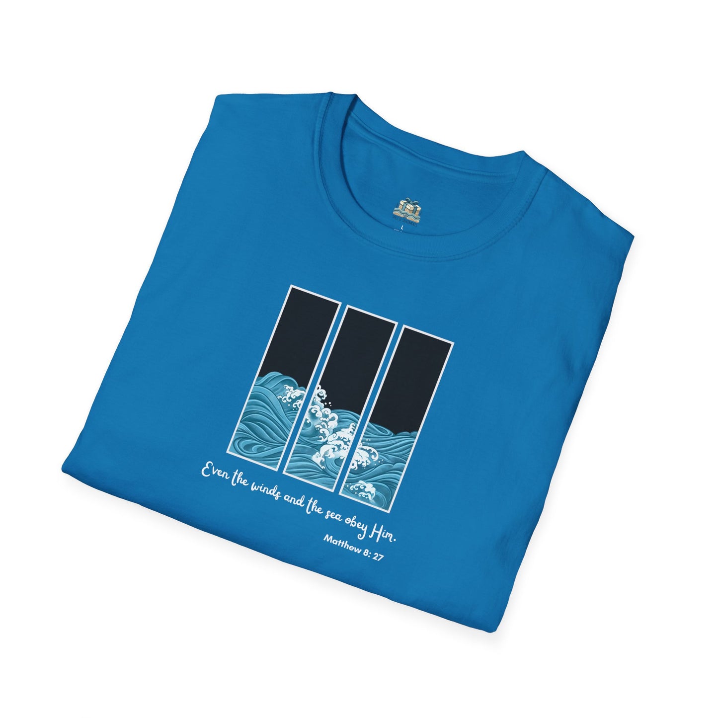 Folded blue t-shirt with wave design and text on a white background