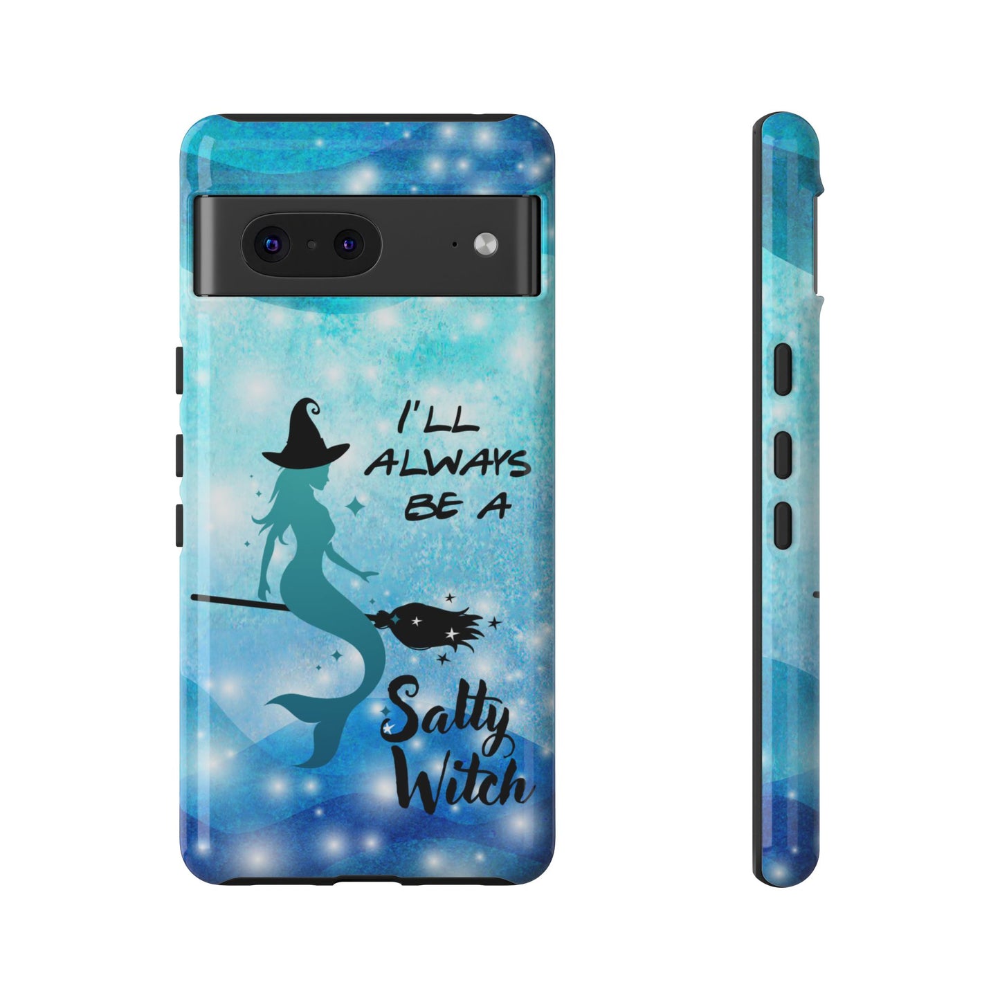 Protect your Google Pixel 6 with this Salty Witch Mermaid case. Dual layer, glossy finish, wireless charging ready. Fits many Pixel models.
