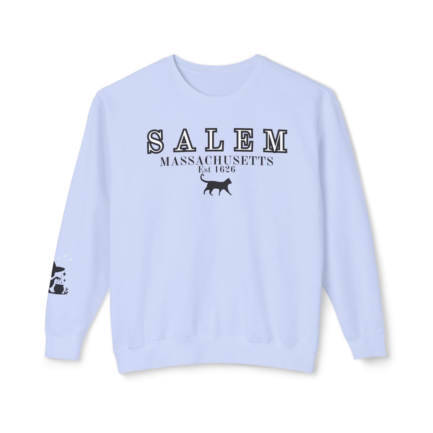 Salem, Massachusetts Est. 1629 Halloween Sweatshirt - Custom Design with Witch & Black Cat