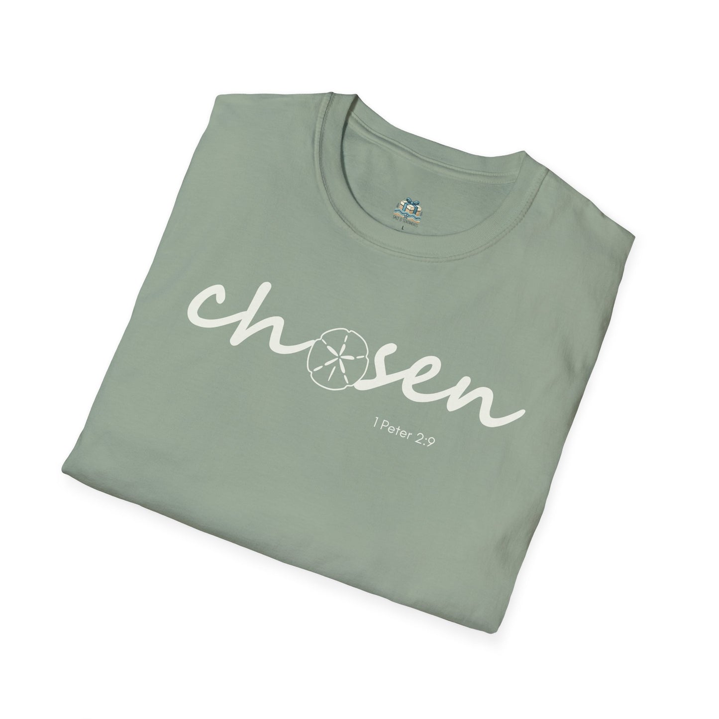 Folded green t-shirt with 'chosen' text on a white background