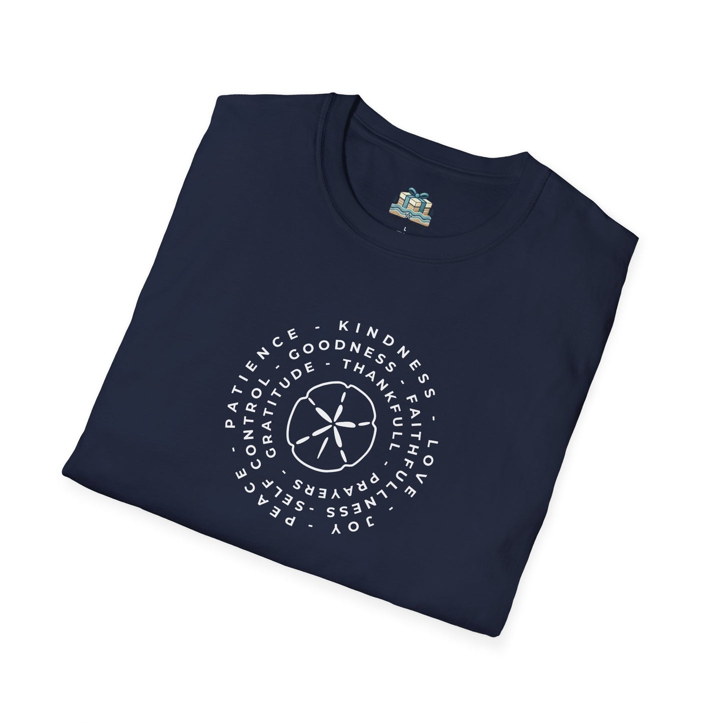 Folded navy blue t-shirt with white text and design on a white background