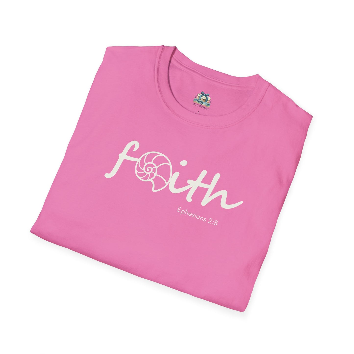 Pink t-shirt with 'Faith' and a shell design on a white background