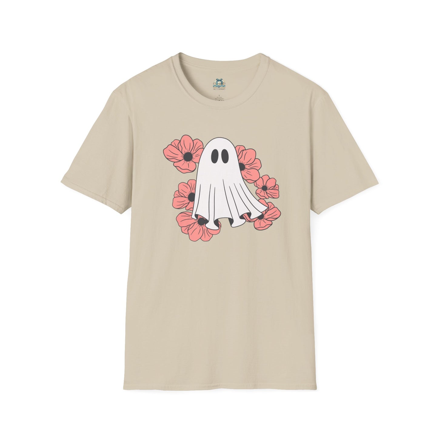 Beige t-shirt with a ghost and flower design on a white background