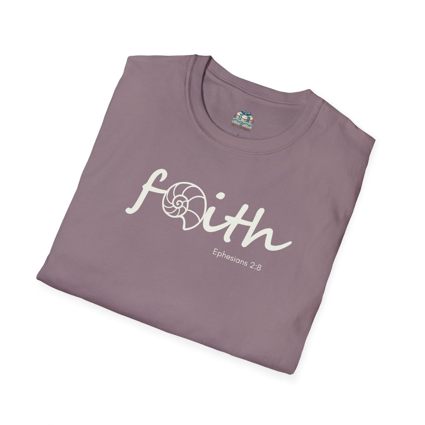 Folded purple t-shirt with 'Faith' text on a white background