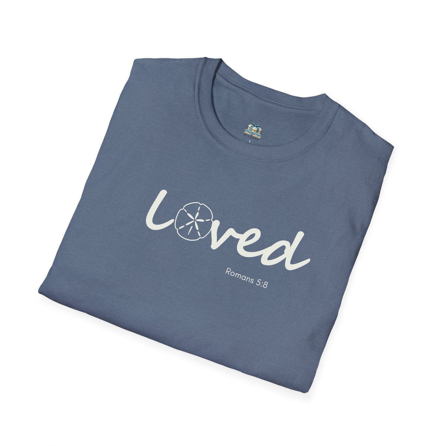 Folded blue t-shirt with 'loved' text on a white background