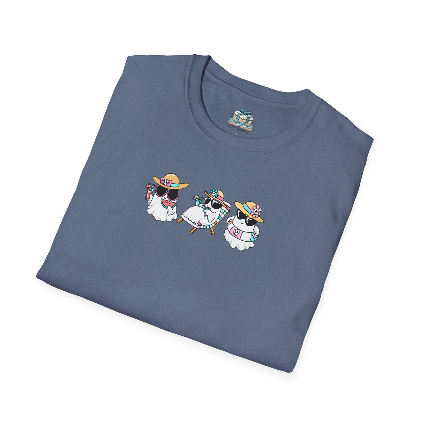 Folded blue t-shirt with cartoon dog design on a white background