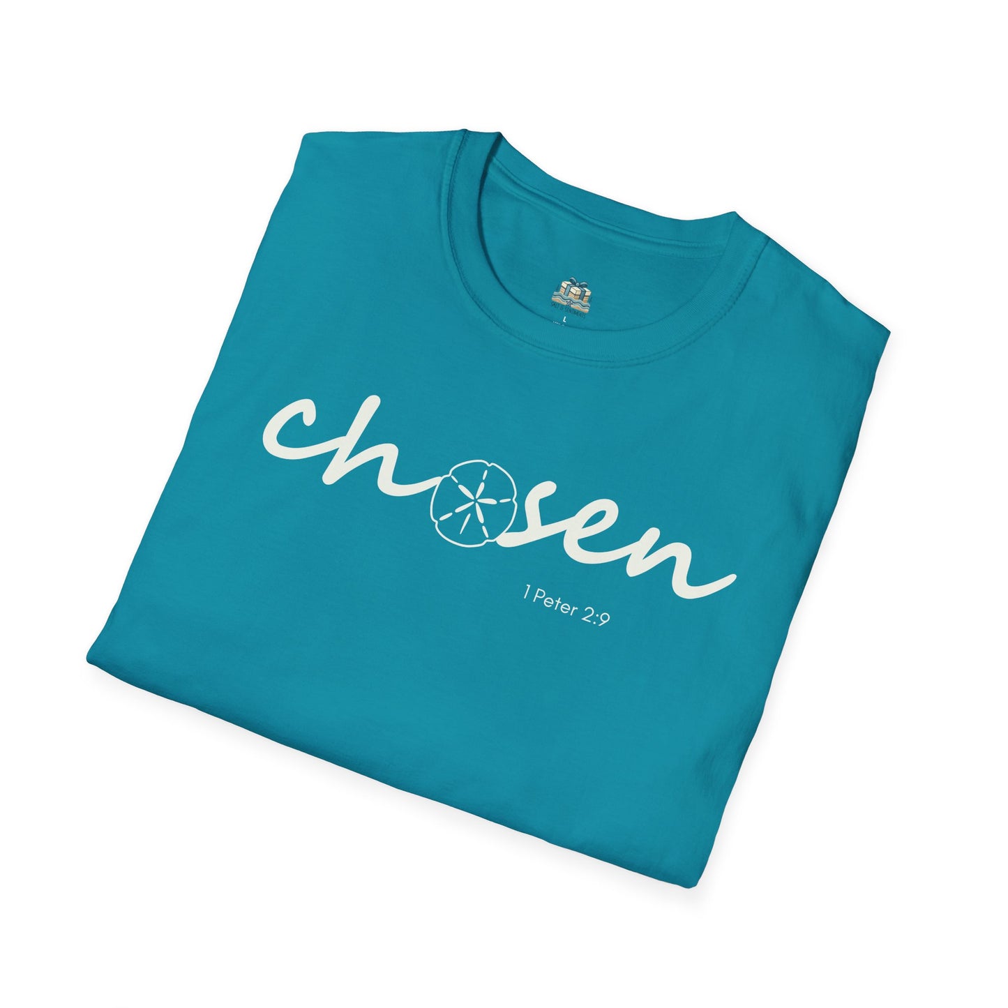 Folded teal t-shirt with 'chosen' text on a white background