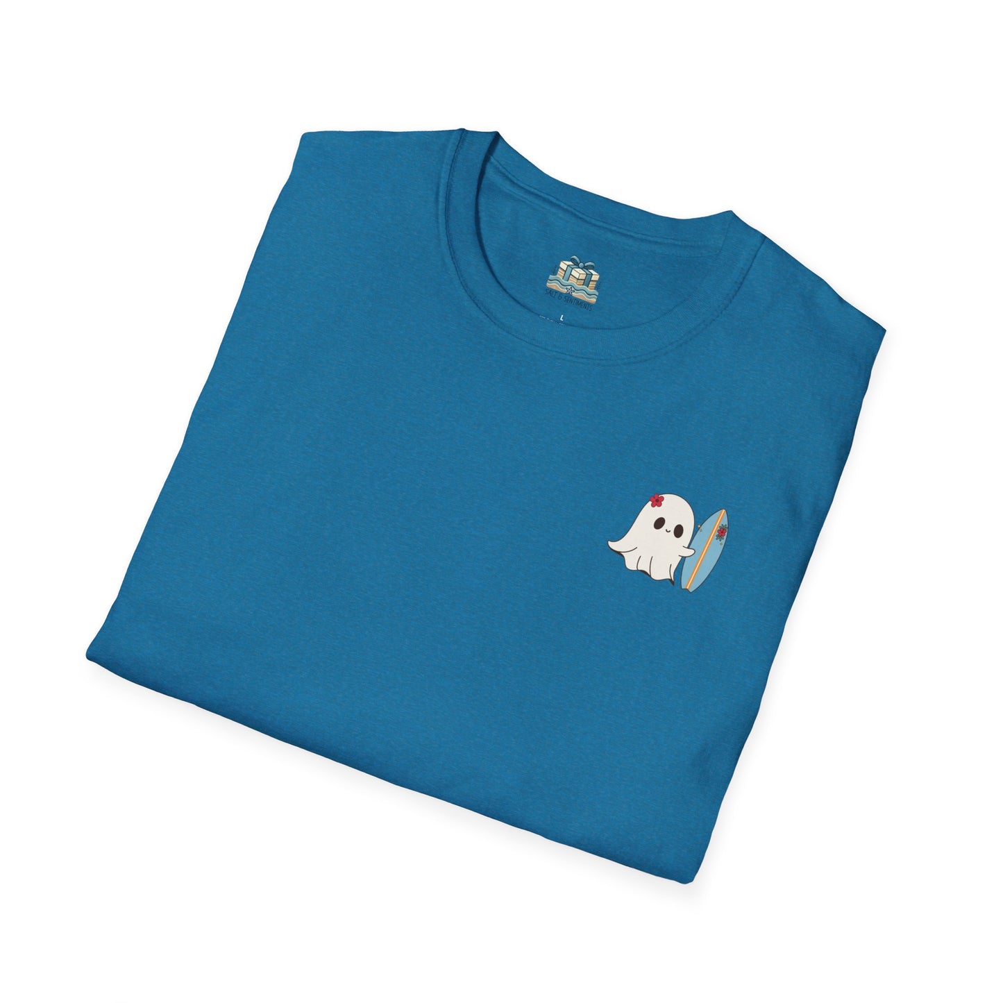 Folded blue t-shirt with a ghost graphic on a white background