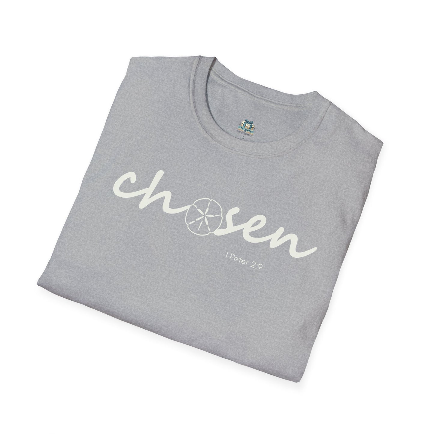 Folded gray t-shirt with 'chosen' text on a white background