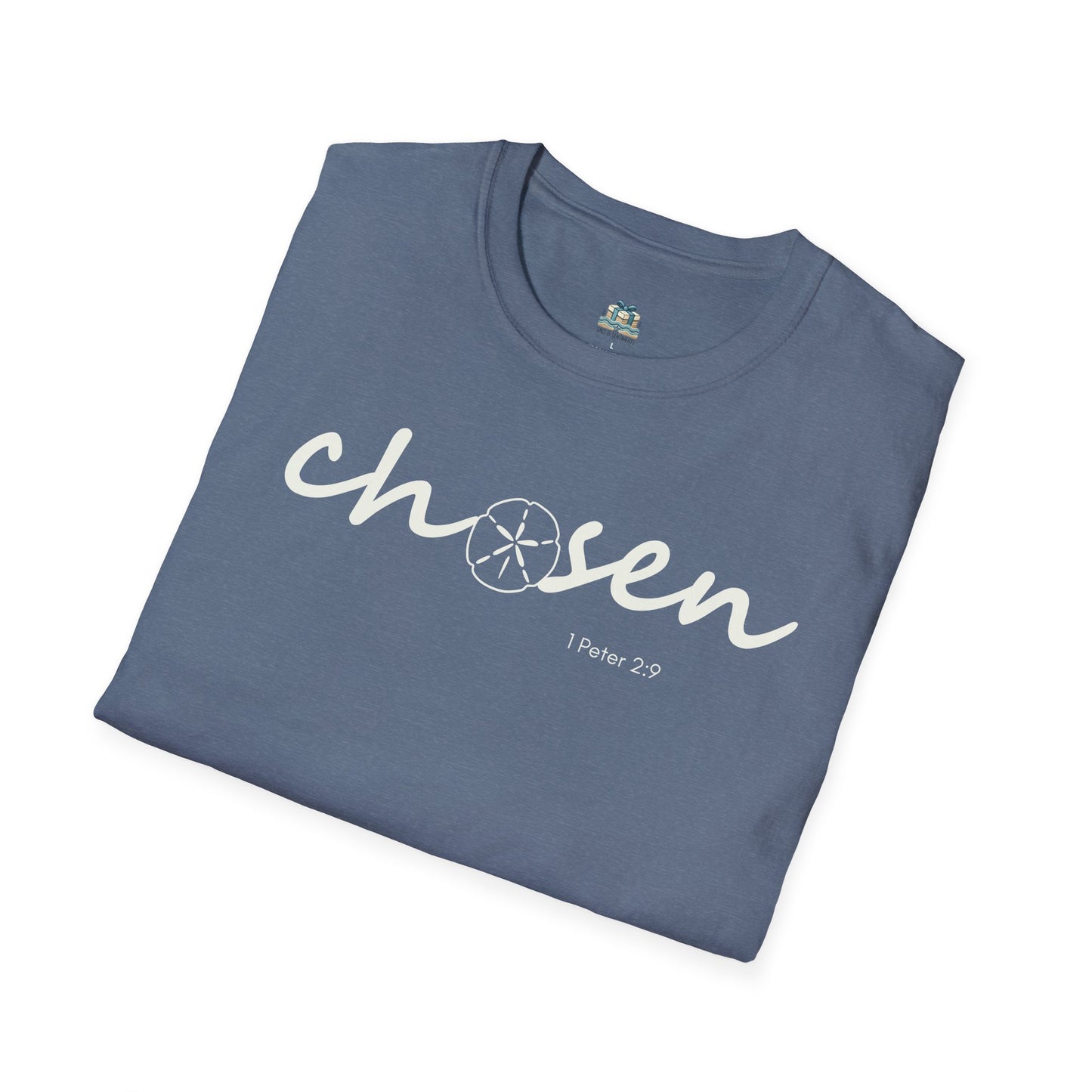 Folded blue t-shirt with 'chosen' text on a white background