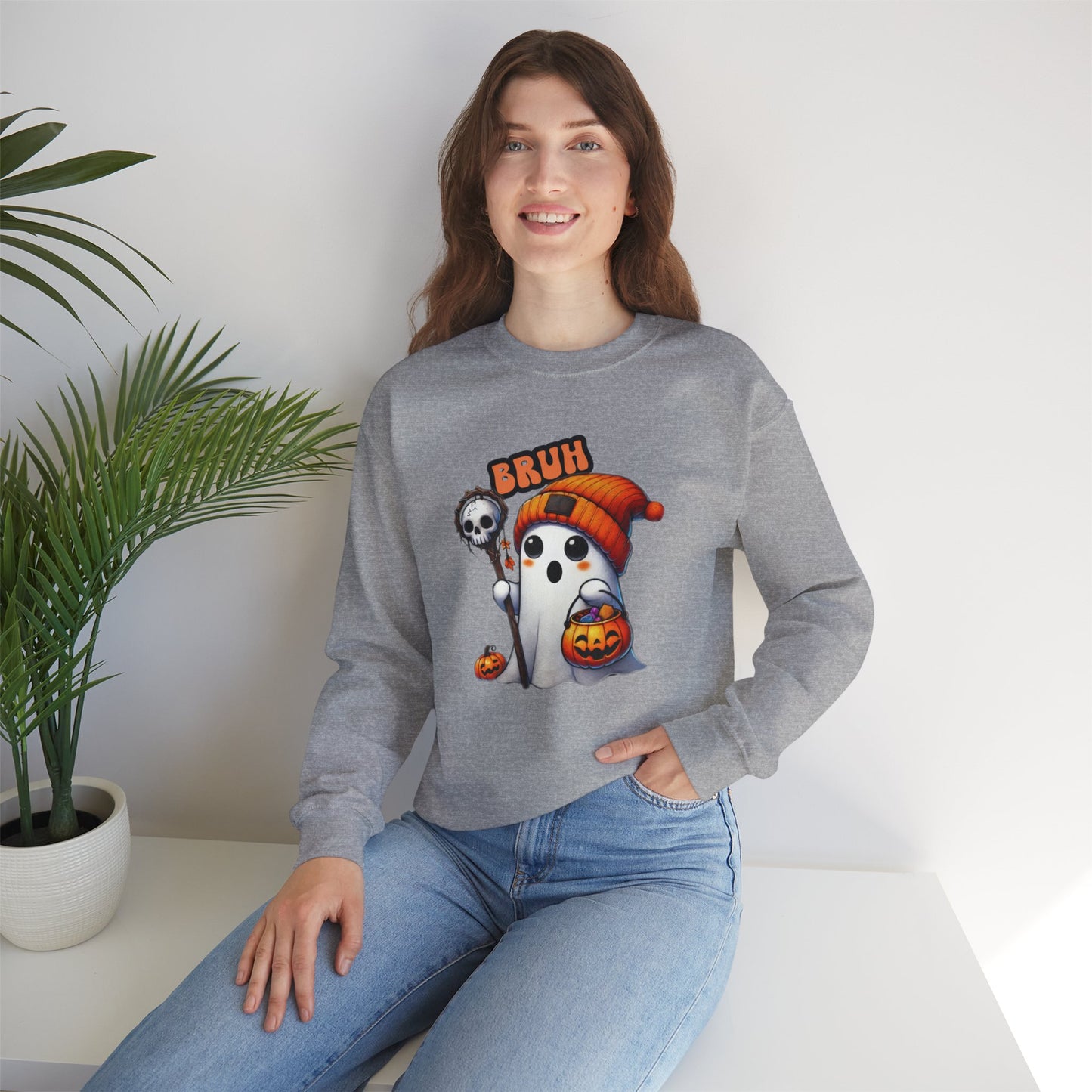 Halloween| Cute Halloween Sweatshirt with 'Bruh' Ghost in Orange Beanie – Perfect for a Playful Fall Look!