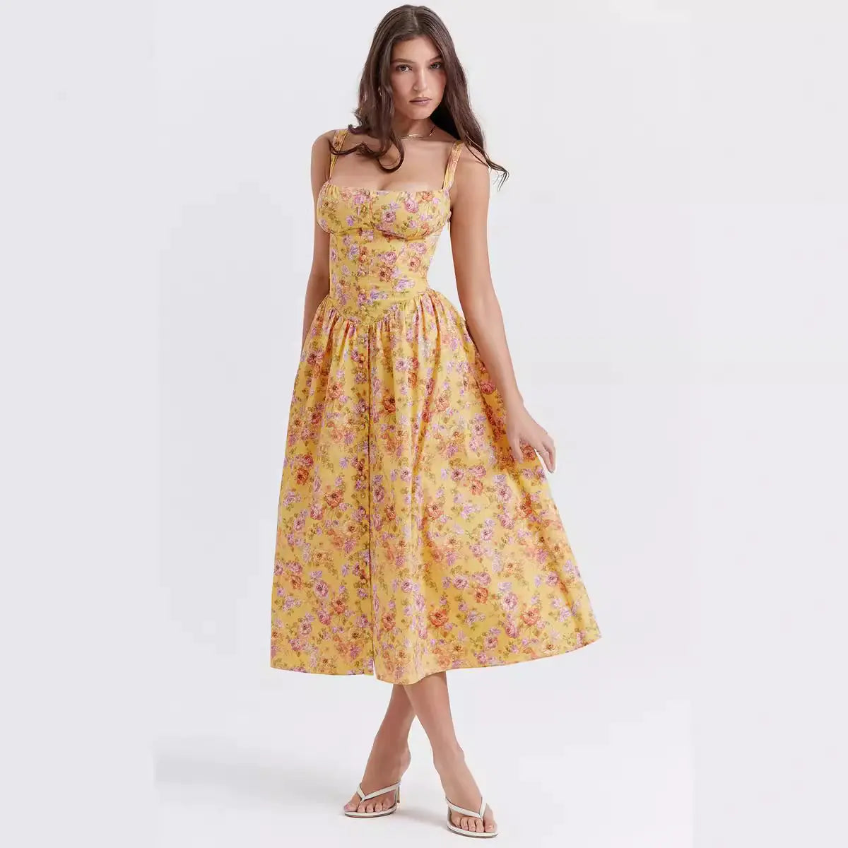 Lightweight polyester summer dress with romantic floral print