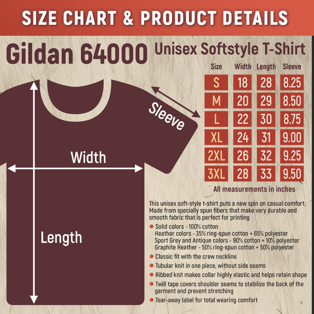 Gildan 64000 Unisex Softstyle T-Shirt size chart and product details on a textured background