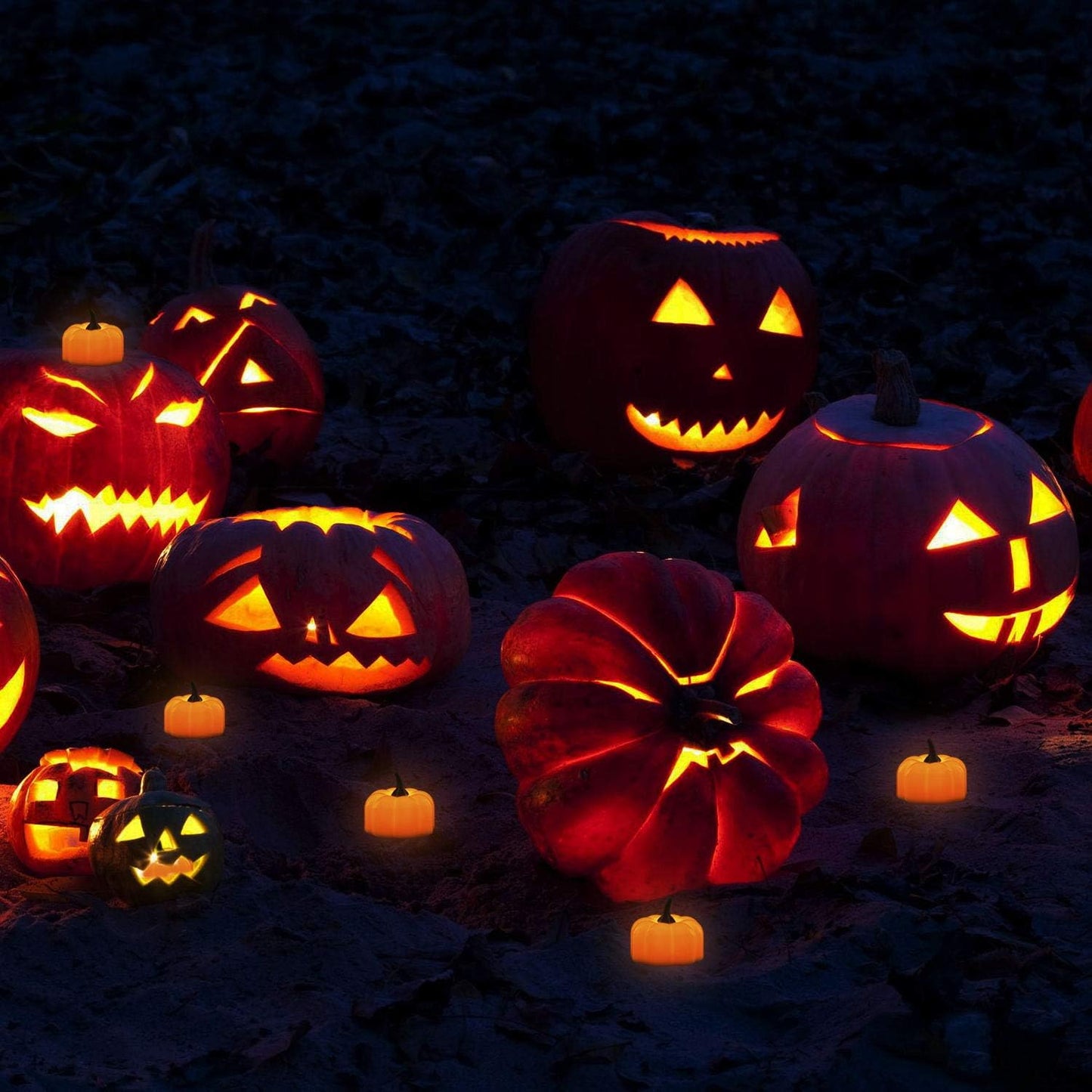 Halloween 12 Pack LED Pumpkin Lights, Jack-O'-Lantern, Small Orange Flickering Tea Lights, for Halloween, Fall Festival Decorations