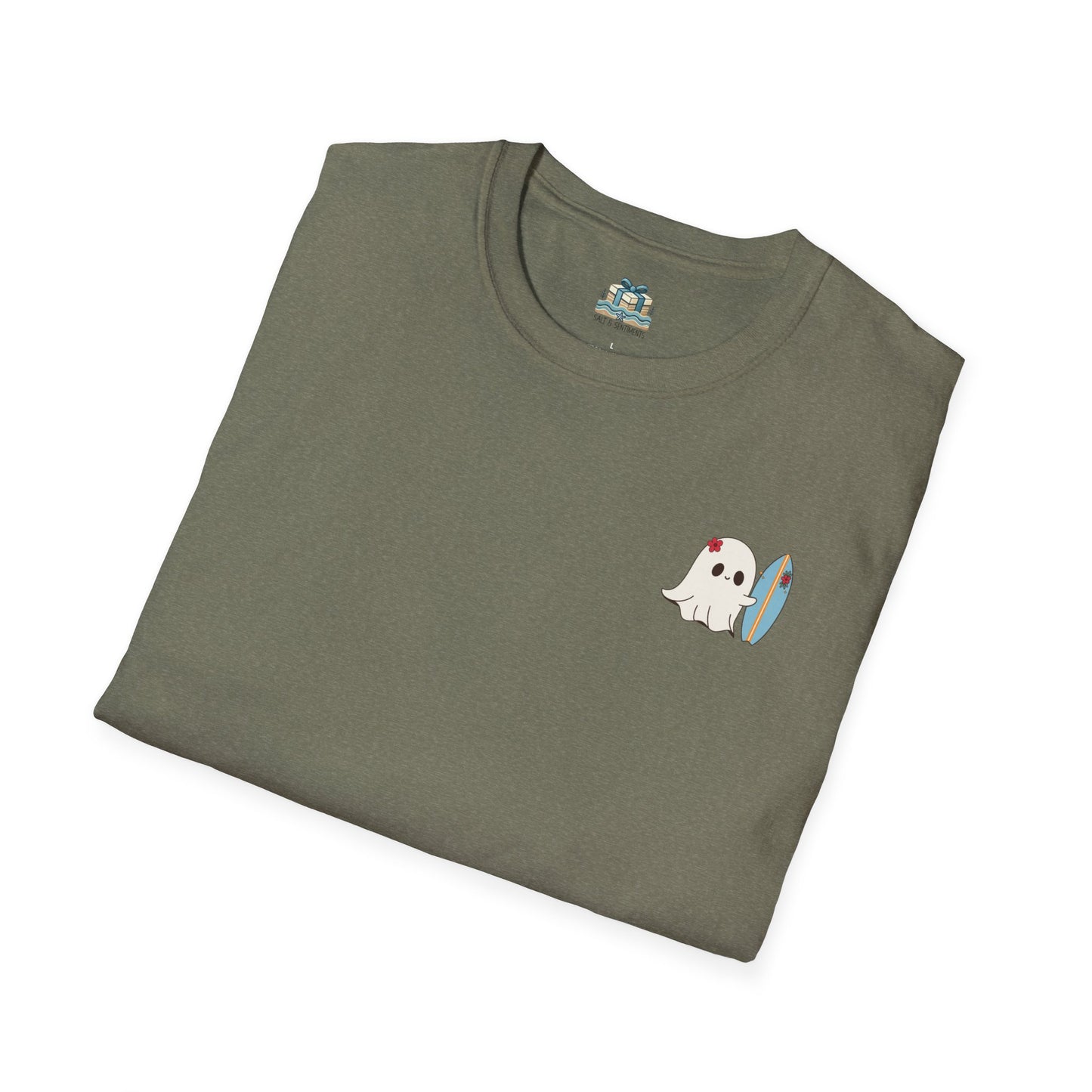 Folded green t-shirt with a small graphic on a white background