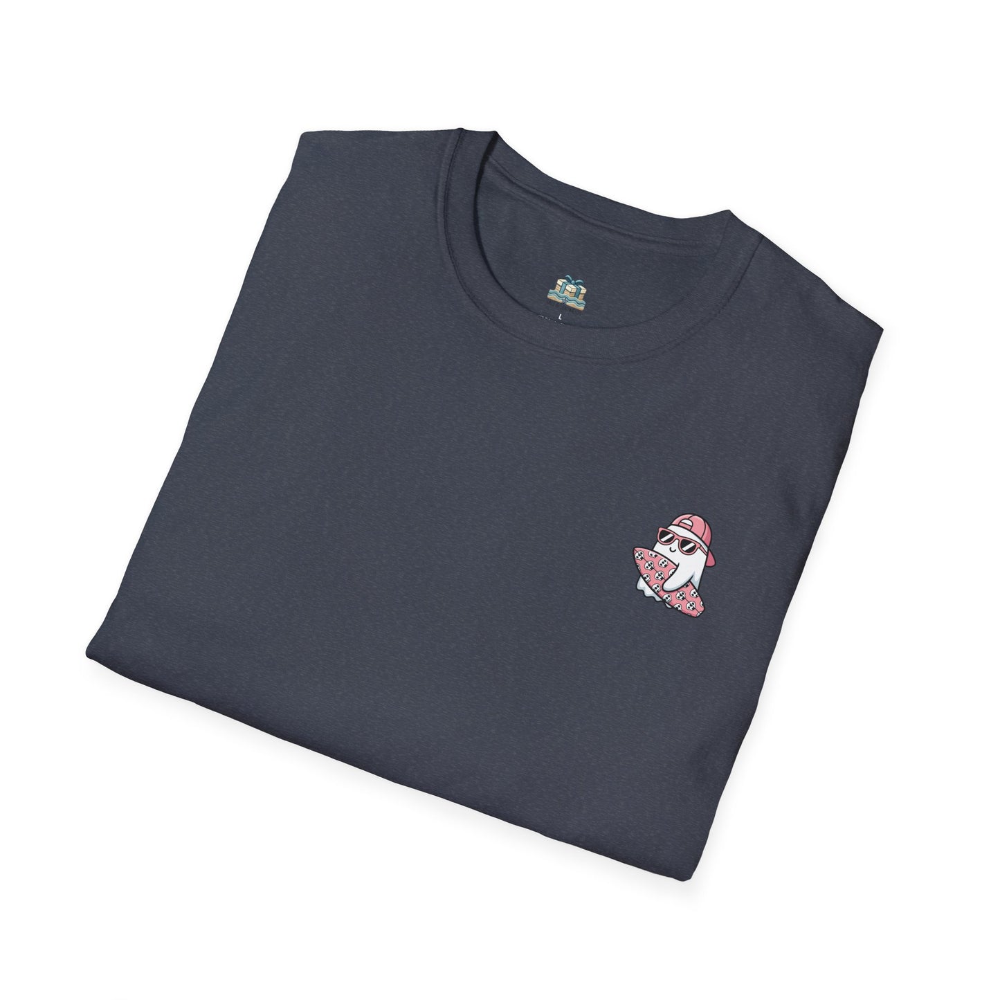 Folded navy blue t-shirt with a small red and white logo on a white background