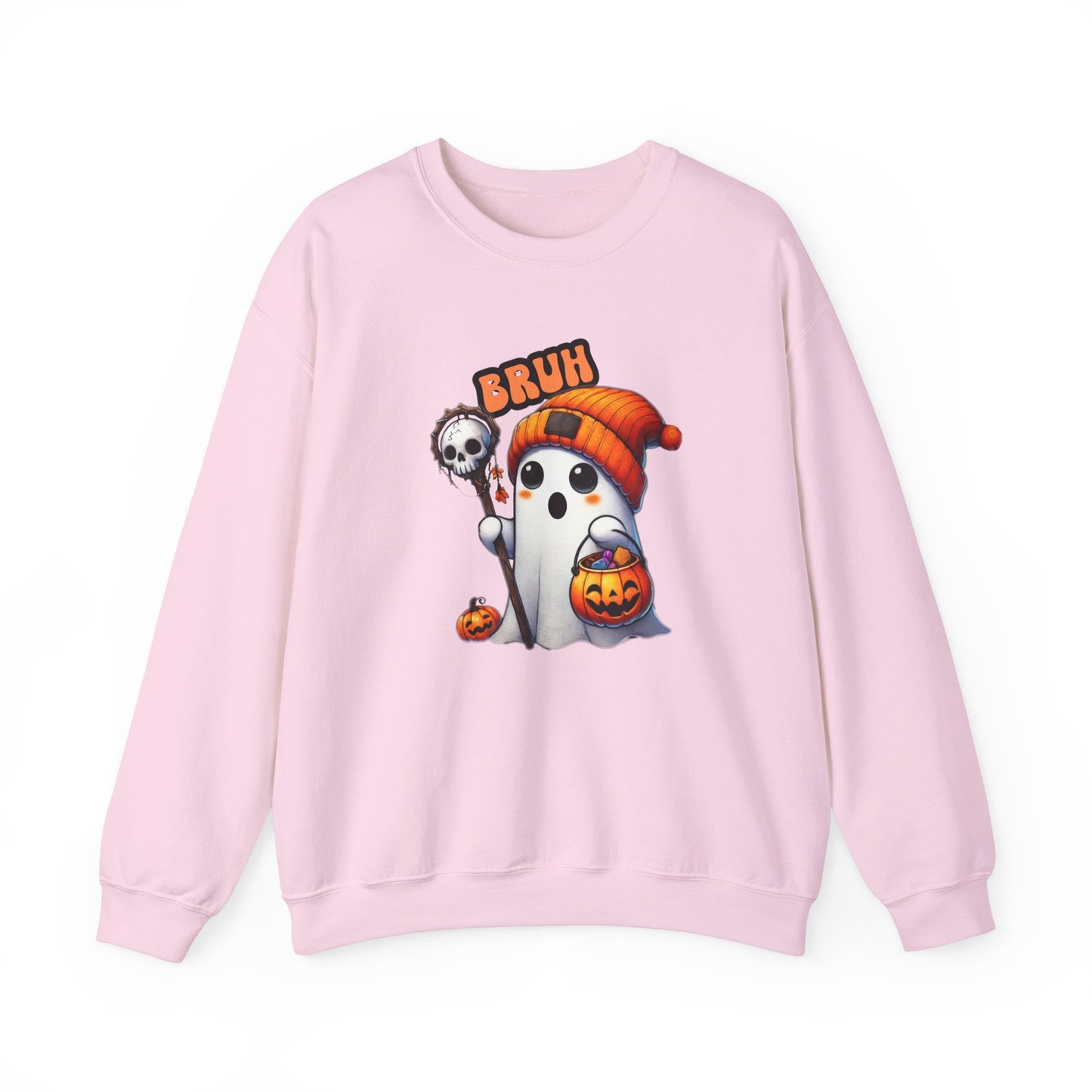 Halloween| Cute Halloween Sweatshirt with 'Bruh' Ghost in Orange Beanie – Perfect for a Playful Fall Look!