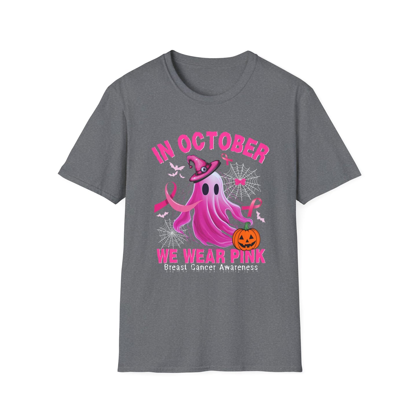 Halloween breast cancer awareness shirt with pink ghost, witch hat, and jack-o'-lantern.