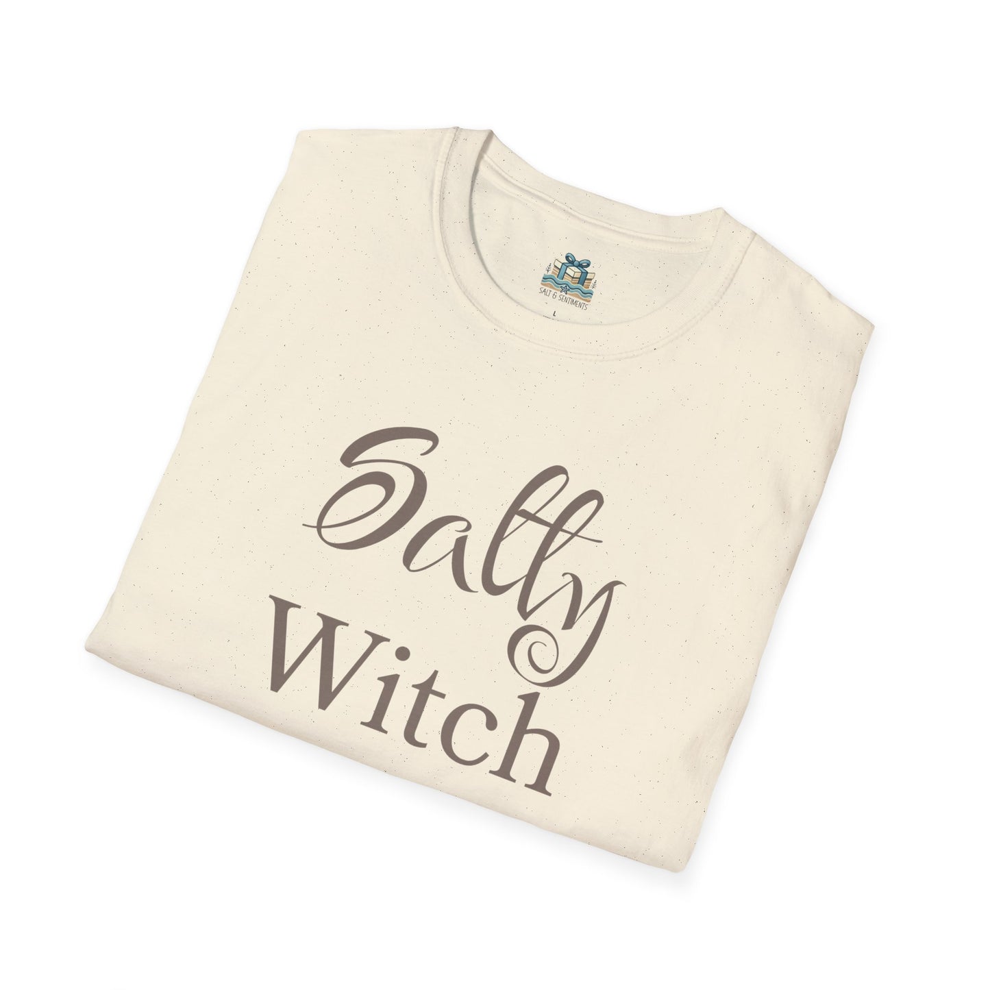 Beige t-shirt with 'Salty Witch' text on a white background