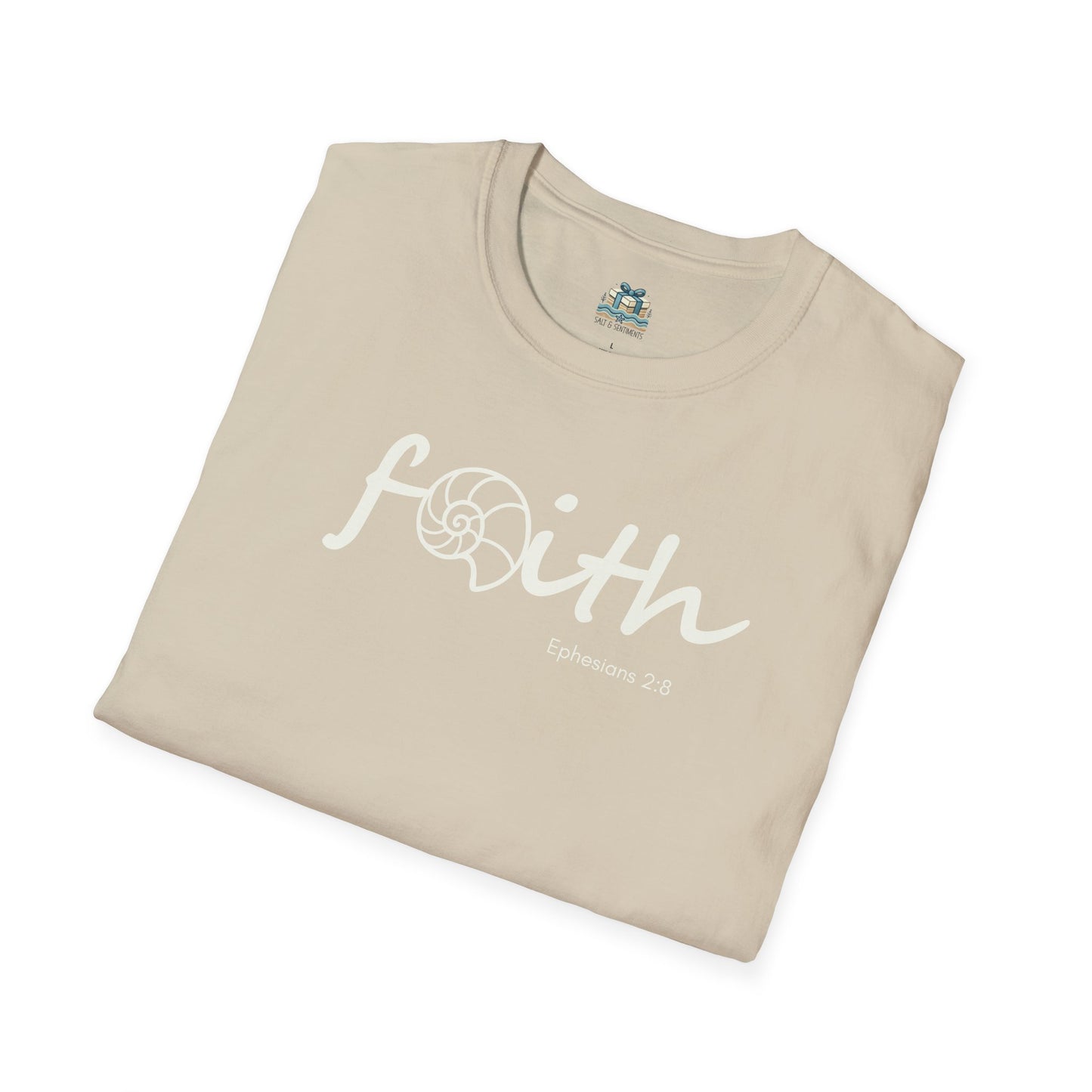 Beige t-shirt with 'Faith' and 'Ephesians 2:8' text on a white background