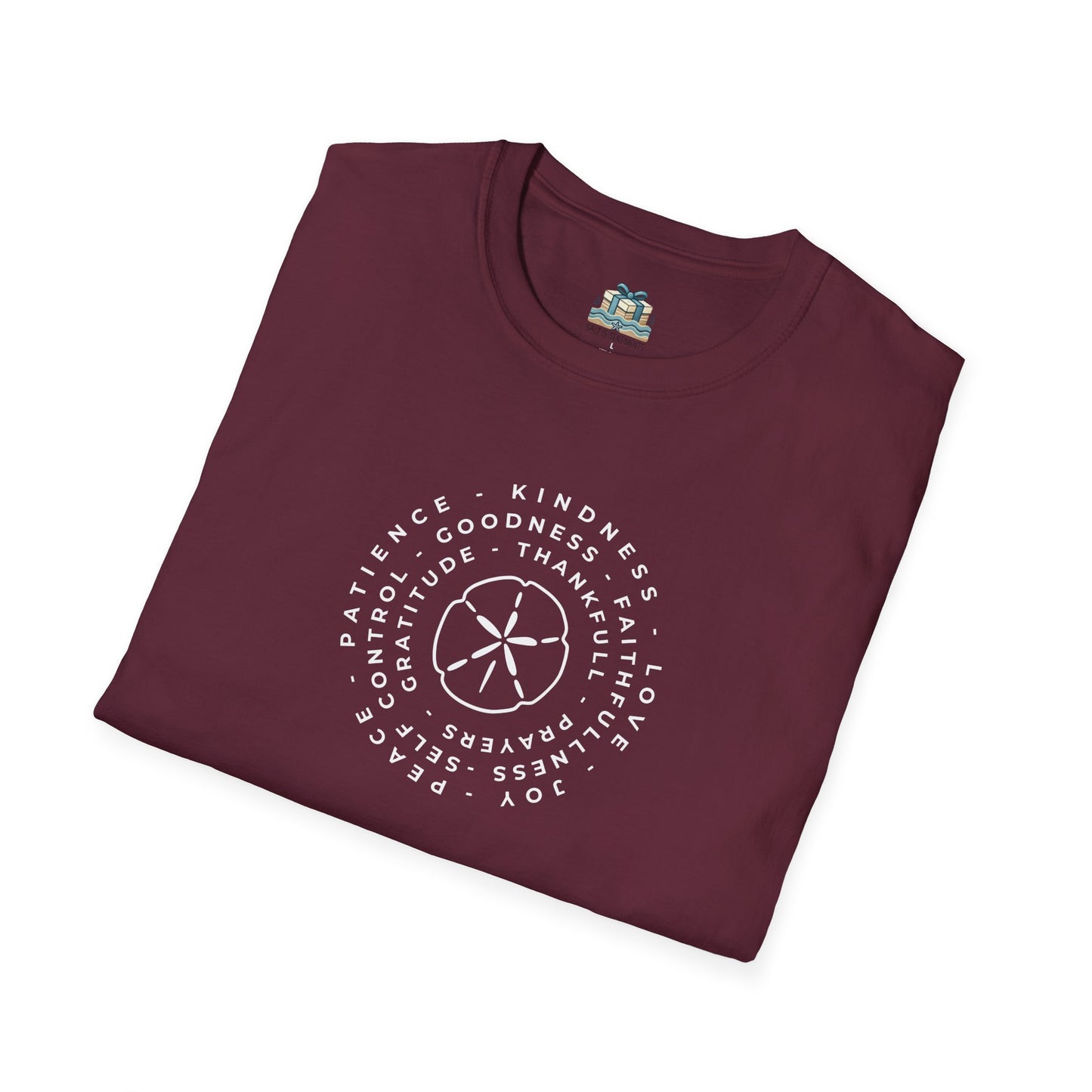 Folded maroon t-shirt with white text and design on a white background