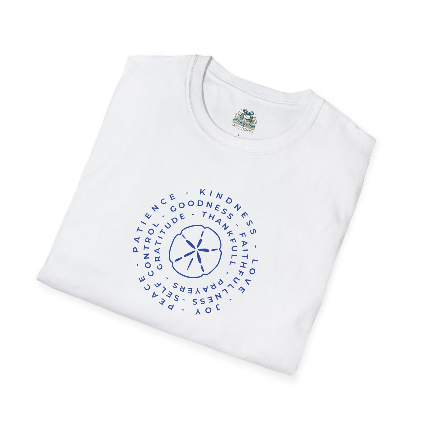 White t-shirt with blue text and design on a white background