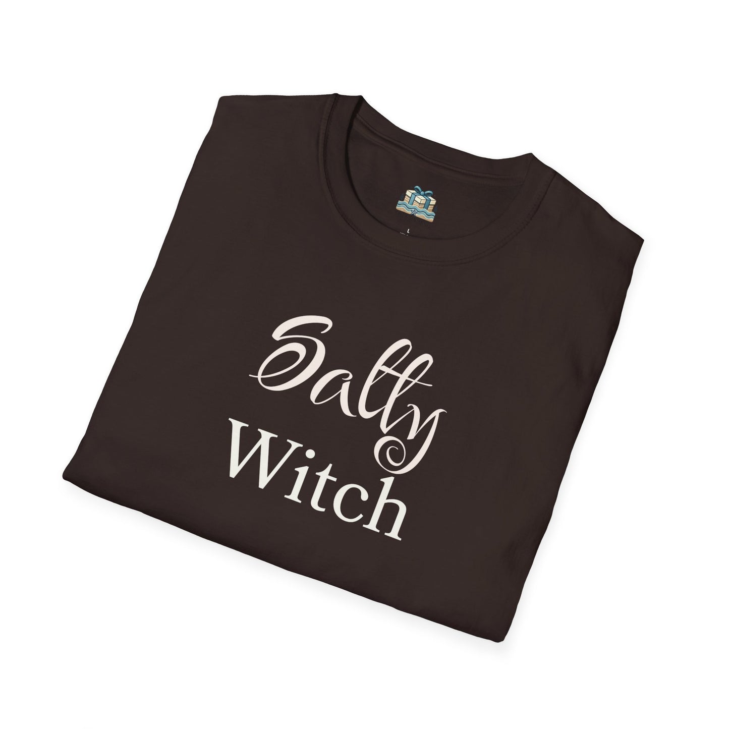 Folded black t-shirt with 'Salty Witch' text on a white background