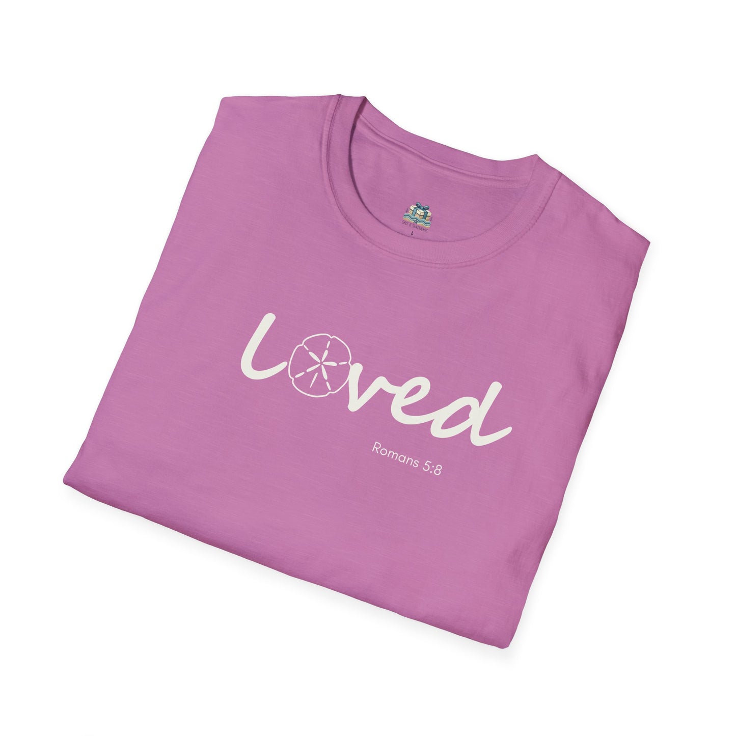 Folded purple t-shirt with 'loved' text on a white background